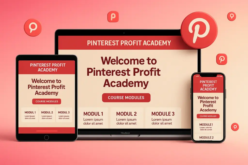 Create a high-conversion mockup for "Pinterest Profit Academy". Display a MacBook showing the course homepage in red and beige tones with matching tablet and phone screens. Use a bright pink-to-cream gradient background with floating Pinterest-style icons and soft shadows. The setup should look energetic and modern, ideal for marketing-focused digital courses.