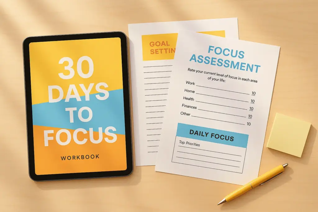 Create a motivational digital workbook mockup for "30 Days to Focus". Show a tablet displaying the colorful cover and a few printed pages beside it. Use bright tones, sunny yellow, sky blue, and soft orange, on a minimalist wooden desk setup. Add a pen, sticky notes, and light reflections. The mood: fresh, happy, and organized.