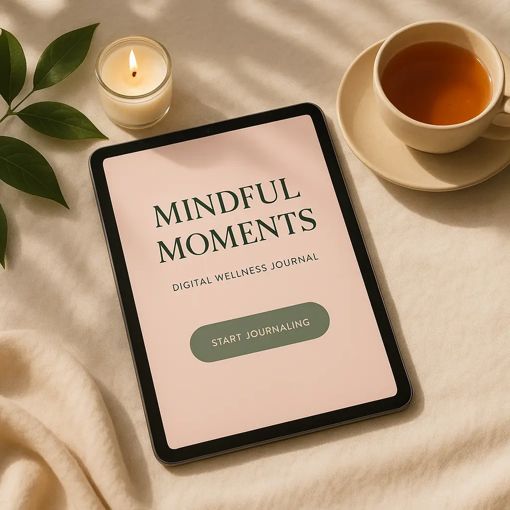 Create a cozy mockup for "Mindful Moments", a digital wellness journal. Show an iPad with a calming pink-and-green themed interface on a soft beige desk setup. Add props like a candle, tea cup, and green plant leaves. Use warm morning light and gentle depth shadows. The tone should be peaceful yet elegant.