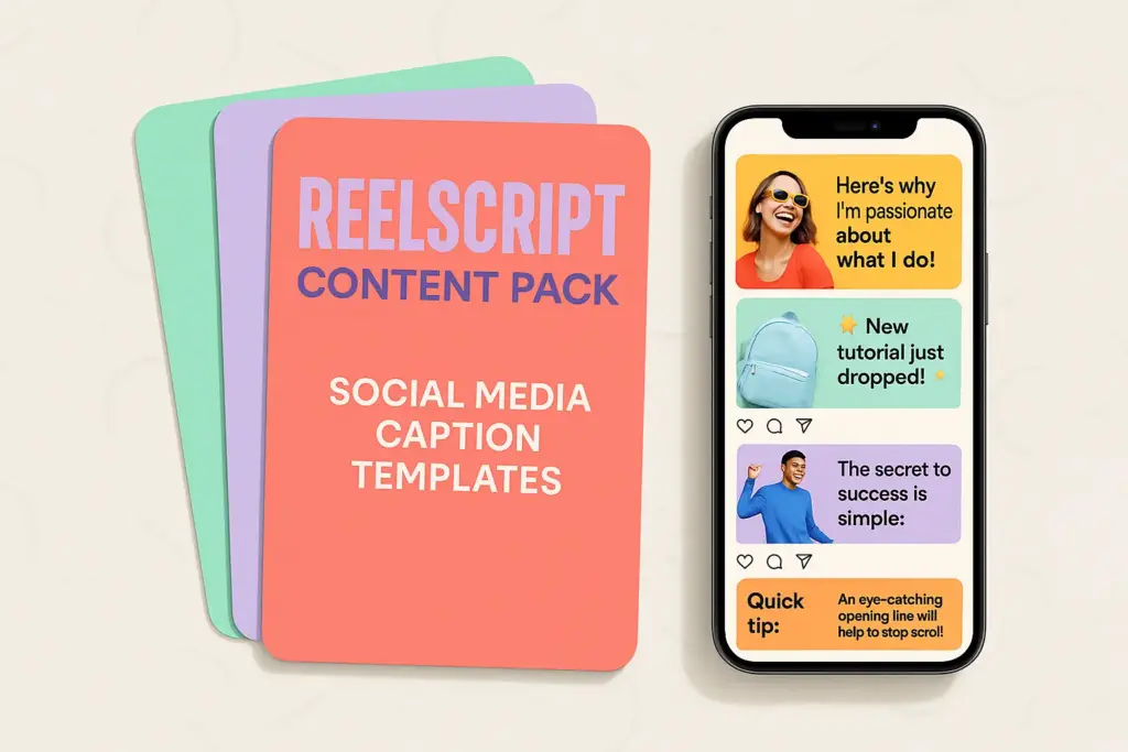 Create an attention-grabbing mockup for "ReelScript Content Pack", a set of social media caption templates. Display colorful sheets stacked together with a smartphone showing preview posts. Use playful tones, coral, mint, and lavender, with paper shadow effects. Background should be off-white with faint patterns. The vibe: energetic, trendy, and creator-focused.