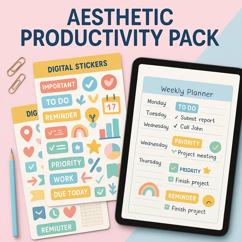 Create a playful mockup for "Aesthetic Productivity Pack", a set of digital stickers for planners. Display colorful sticker sheets beside a tablet showing them in use. Use a pastel pink and sky blue desk setup with pencils and paperclips. The tone: fun, creative, and modern.