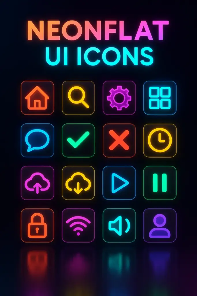 Create a colorful mockup for "NeonFlat UI Icons". Display multiple icon previews arranged in a grid with rounded corners. Use a background that transitions from black to deep violet, with glowing edges behind each icon. Add subtle reflections for realism. The design should look vibrant and futuristic.