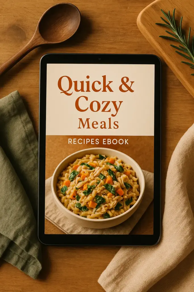 Create a lifestyle-inspired mockup for "Quick & Cozy Meals", a digital recipe eBook. Show a tablet with the recipe open, surrounded by kitchen elements like a spoon, napkin, and wooden cutting board. Use cozy lighting with tones of cream, orange, and green. Make it look warm and homely.