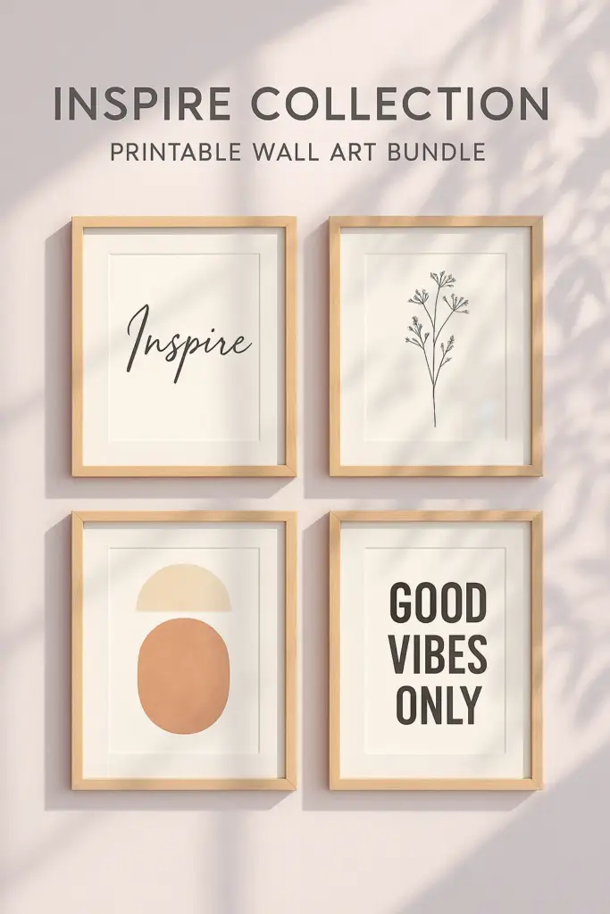Create a beautiful mockup for "Inspire Collection", a printable wall art bundle. Display framed prints hanging on a pastel wall (lavender, cream, or sky blue). Add natural sunlight and plant shadows. Include subtle reflections on the glass for realism. The design should feel bright, cozy, and modern.