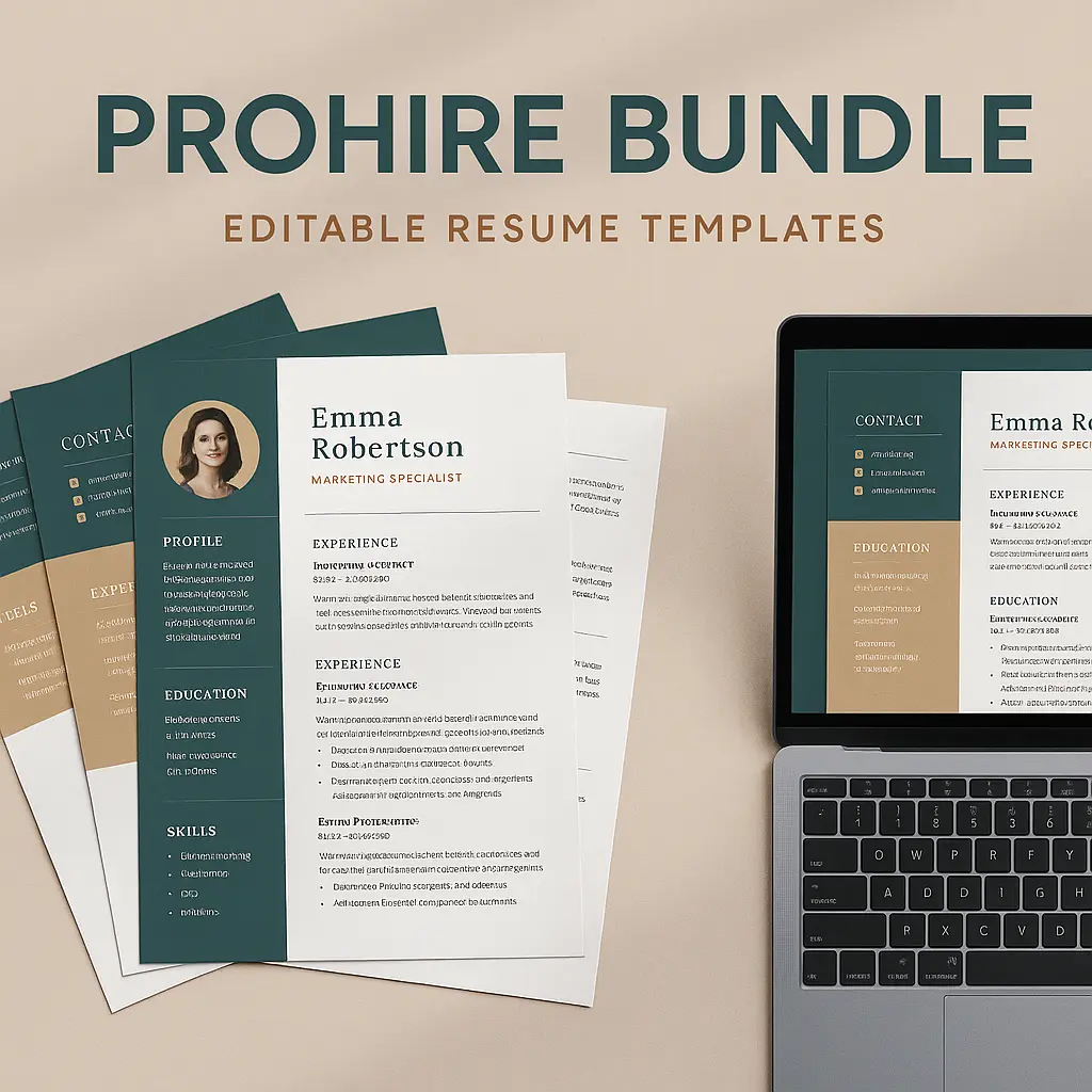 Create a professional mockup for "ProHire Bundle", a set of editable resume templates. Show printed pages fanned out on a neutral beige desk. Add a laptop showing the editable resume file. Use elegant color tones, dark teal, white, and tan. Include shadows for realism and a modern corporate appeal.