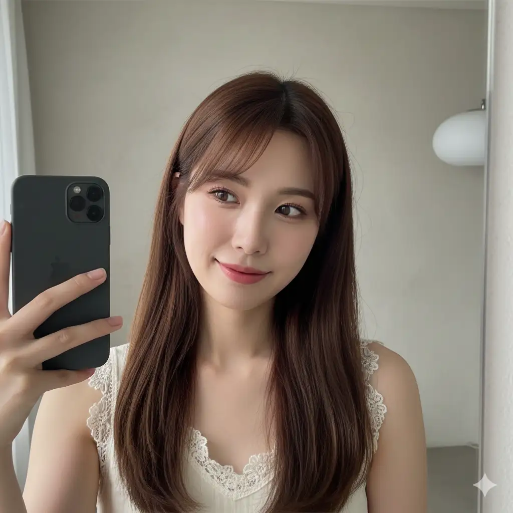 A close-up mirror selfie of a young woman in soft, natural lighting. She has long, straight hair with wispy bangs framing her face. Her skin appears smooth and luminous, with subtle makeup emphasizing her eyes, natural lashes, and soft pink lips. She wears a sleeveless white lace-trimmed top that adds a delicate, feminine touch. She holds a sleek dark-colored smartphone in front of her, partially visible in the frame. The background is minimal and light-toned, creating a clean, elegant composition that draws focus to her serene expression and gentle features.
