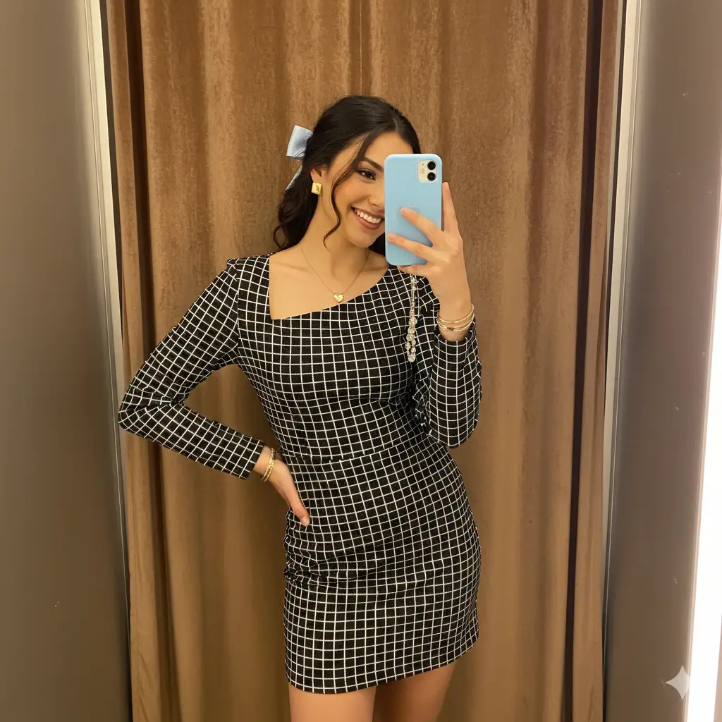 A confident young woman taking a mirror selfie in a warmly lit fitting room with brown curtains as the background. She's wearing a chic black mini dress with a white checkered pattern, long sleeves, and a structured neckline that adds a modern, elegant touch. Her dark hair is styled back with a soft blue bow accessory, and she wears small gold square earrings and a delicate heart-shaped necklace. Her wrists are adorned with a few bracelets, and she's holding a light blue smartphone decorated with a clear beaded charm. She poses playfully with a bright, expressive smile and a hand on her hip, radiating charm and confidence.