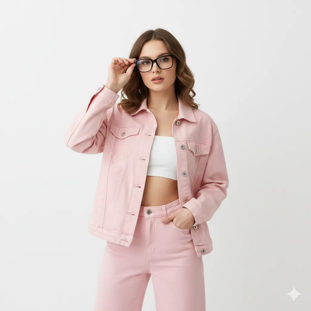 A modern, stylish portrait photo of a woman standing against a clean white background. She wears a light pink denim jacket over a white tube top and matching high-waisted pink pants, creating a coordinated pastel outfit. She wears black-rimmed glasses, giving her a chic and intellectual look, and her subtle makeup enhances her natural features with a polished finish. The lighting is bright and even, emphasizing the soft tones of her outfit and the clarity of her expression.
