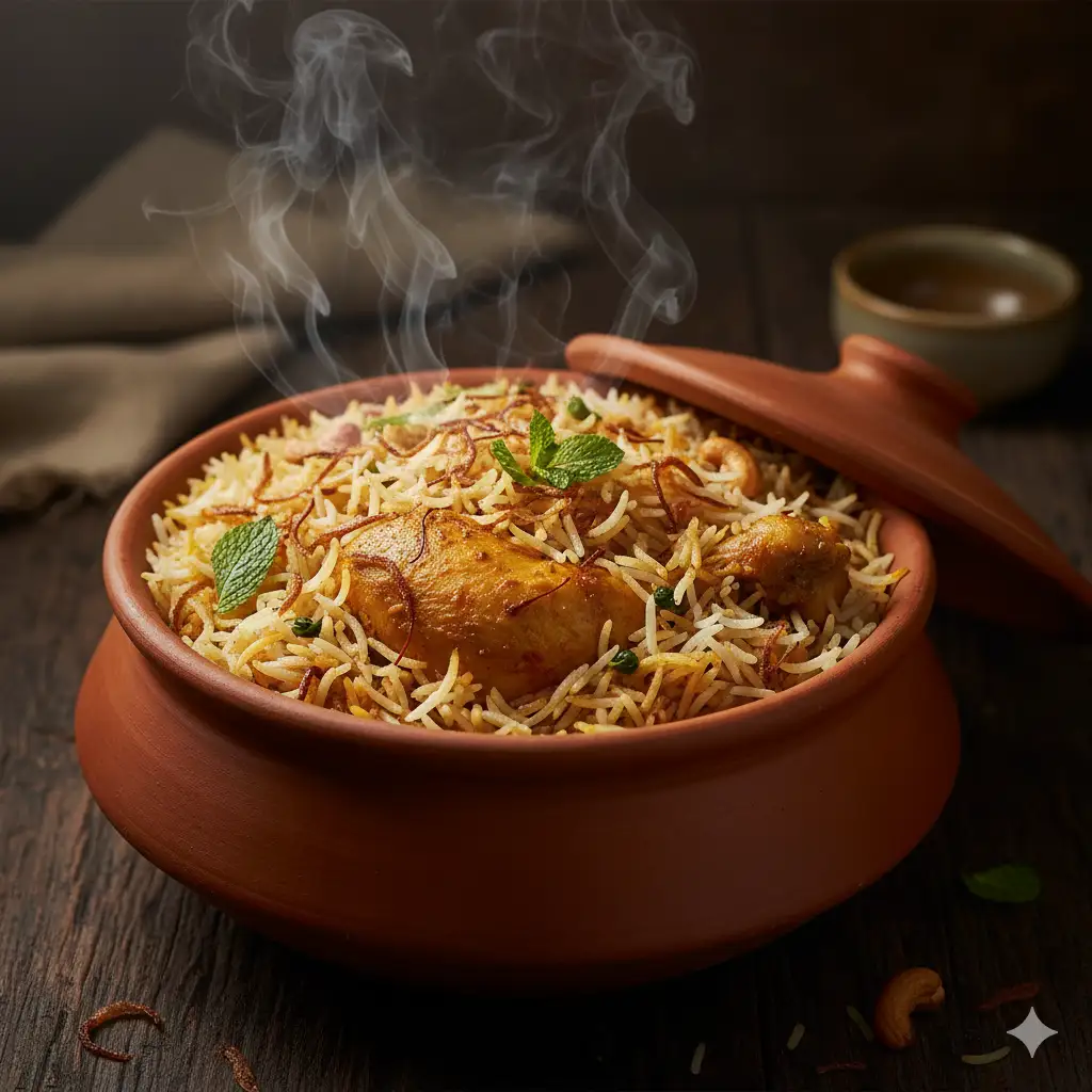 Create a rich and aromatic photo of authentic Chicken Biriyani. The biriyani is served in a traditional clay handi (pot), with the lid slightly ajar, allowing fragrant steam to escape. The long-grain basmati rice is fluffy and colorful, with shades of white, yellow from saffron, and garnished with crispy fried onions, fresh mint leaves, and cashews. A tender piece of chicken is partially visible amongst the rice. The setting is a dark, rustic wooden table. The lighting is soft and moody, coming from one side, highlighting the steam and the texture of the rice. 45-degree angle, cinematic, deep colors, extremely detailed.