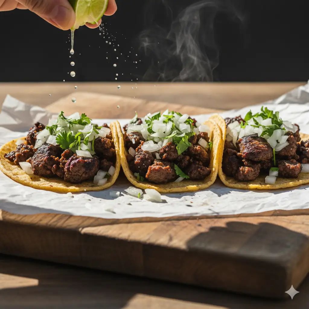 Create a dynamic, action-packed photograph of authentic street tacos. Three small corn tortillas are filled with charred carne asada, finely chopped white onion, and fresh cilantro. They are served on a piece of wax paper on a rustic wooden board. One hand is in the frame, squeezing a lime wedge over the tacos, with droplets of juice captured in mid-air. The lighting is bright and harsh, like the direct sun of a summer afternoon, creating strong, defined shadows. Close-up shot, high-speed photography style, vibrant and energetic.