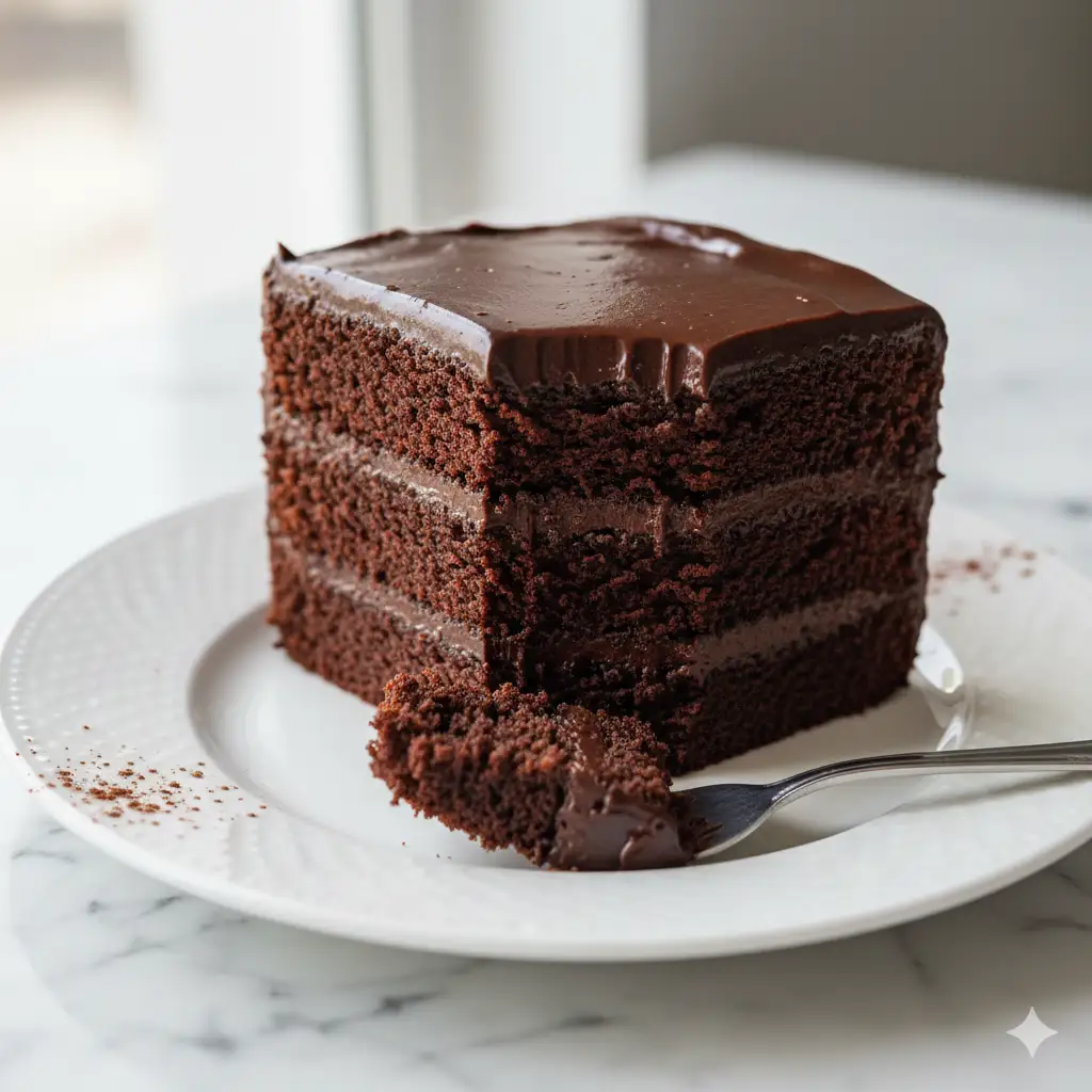 Create a photorealistic image of a slice of decadent chocolate fudge cake on a white porcelain plate. The cake has multiple layers of moist, dark chocolate sponge and rich, glossy ganache frosting. A fork has just taken the first bite, revealing the soft, crumbly texture inside. A dusting of cocoa powder is on the plate for decoration. The lighting is soft and natural, coming from a side window, highlighting the glossy texture of the ganache. The background is a clean, light-colored marble surface. Close-up shot, focused on the texture of the cut slice, shallow depth of field, 8K resolution.
