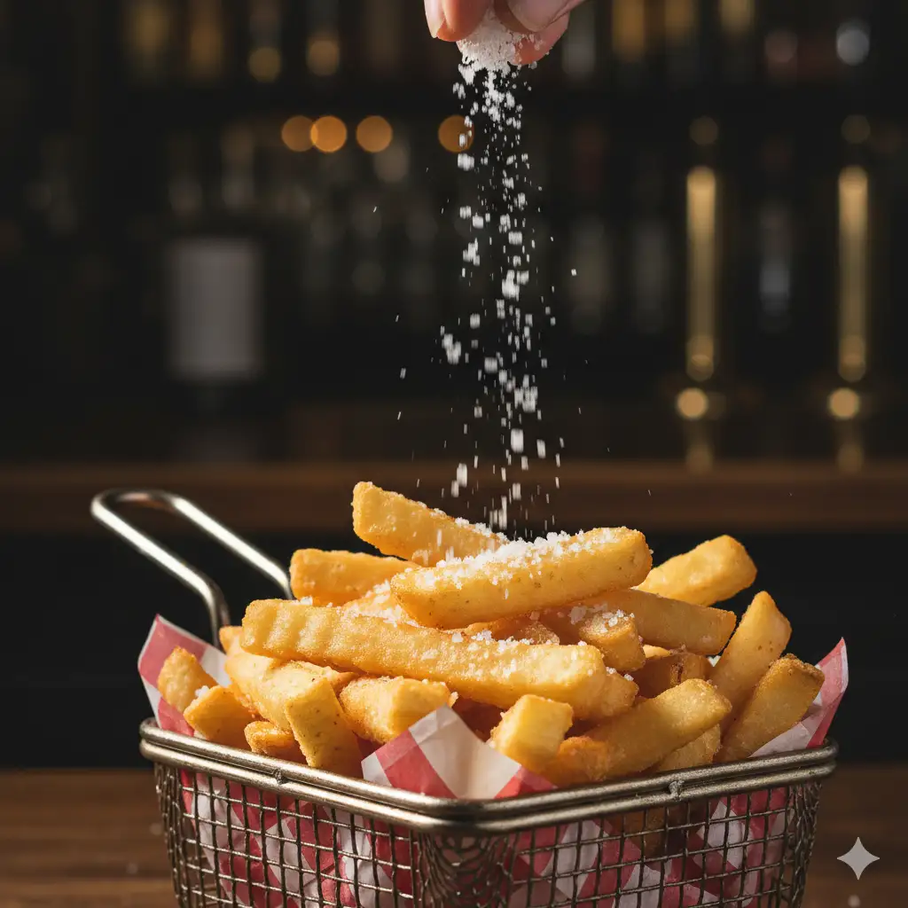 Create a dynamic action photograph of golden, crispy french fries. The fries, perfectly cooked with a fluffy interior, are piled high in a rustic metal basket lined with checkered paper. A hand is seen sprinkling flaky sea salt from above, with individual salt crystals captured in mid-air by a high-speed camera shutter. The lighting is dramatic side-lighting, carving out the texture of each fry. The background is a dark, moody pub setting, out of focus. Close-up shot, hyper-detailed, motion blur on the salt.