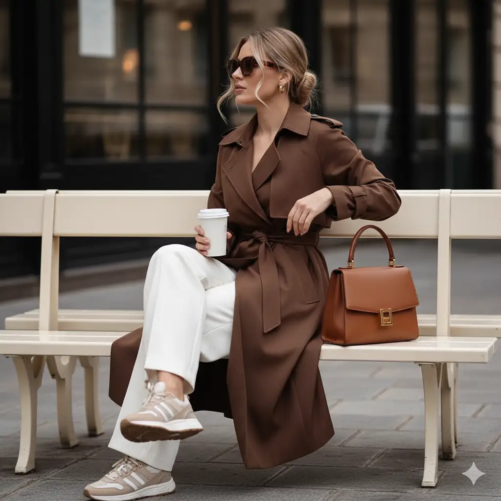 A stylish woman sits gracefully on a cream-colored bench at a chic Parisian-style café terrace. She exudes elegance and modern style, wearing a long, belted chocolate-brown trench coat paired with crisp white wide-leg trousers and beige-and-white sneakers. A structured brown leather handbag with gold hardware rests beside her on the bench, perfectly complementing her outfit. She holds a takeaway coffee cup in one hand, her posture relaxed yet poised. Her blonde hair is neatly styled in a low, elegant bun with a few soft strands framing her face, and she wears tortoiseshell sunglasses and small gold hoop earrings. The setting is urban and refined, with muted tones of the city street, soft natural lighting, and blurred architecture in the background, creating a calm, timeless, and effortlessly chic atmosphere reminiscent of a modern fashion editorial in Paris.