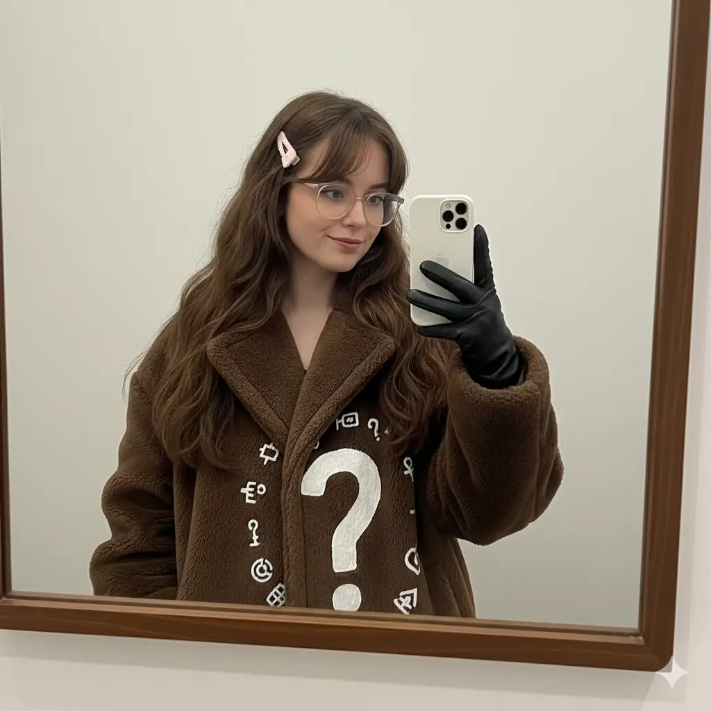 A young woman taking a mirror selfie against a plain light-colored background. She has long, wavy hair with soft bangs and wears clear-framed glasses. A light pink bow clip decorates her hair on one side, adding a touch of playfulness. She is dressed in an oversized brown coat featuring a white painted question mark design with small symbols around it. One hand, gloved in black, holds a white smartphone as she gazes at the camera with a slightly unsure, endearing expression. The lighting is even and soft, giving the image a cozy, candid feel.