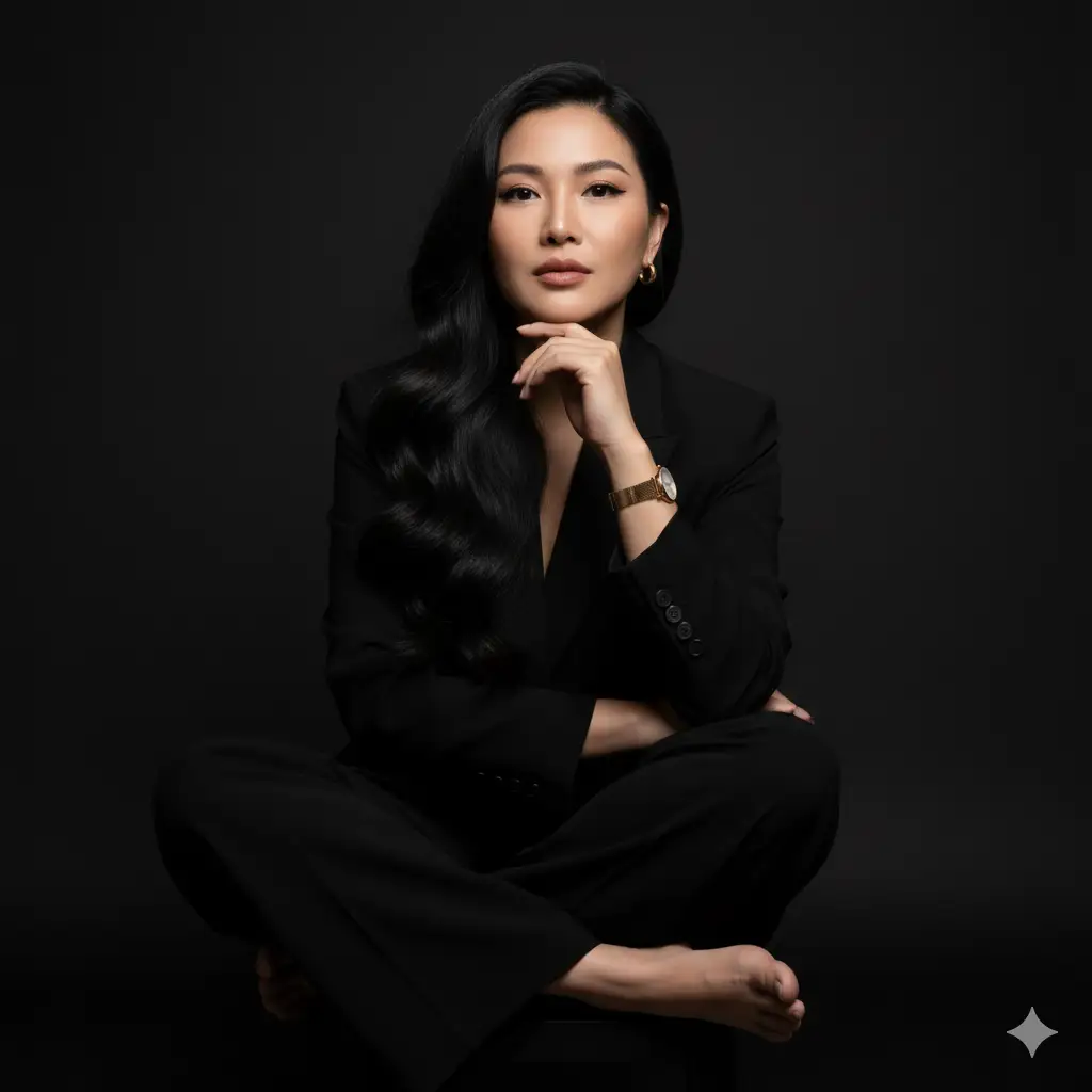 A poised woman sits confidently against a deep black studio backdrop, embodying elegance and power through minimalist fashion. She wears a tailored black suit with a structured blazer and wide-leg trousers, sitting cross-legged in a relaxed yet self-assured pose. Her long, glossy black hair cascades in soft waves over one shoulder, contrasting beautifully with the dark background. She rests her chin lightly on her hand, giving a composed and confident expression. Her makeup is refined and polished, with flawless skin and sharp eyeliner accentuating her eyes. Gold accessories, including a sleek wristwatch and small hoop earrings, add a subtle touch of luxury. The lighting is soft and controlled, emphasizing her features and the texture of her outfit while maintaining a rich, moody tone. The overall vibe is editorial and empowering, perfect for a modern portrait that celebrates confidence and style.