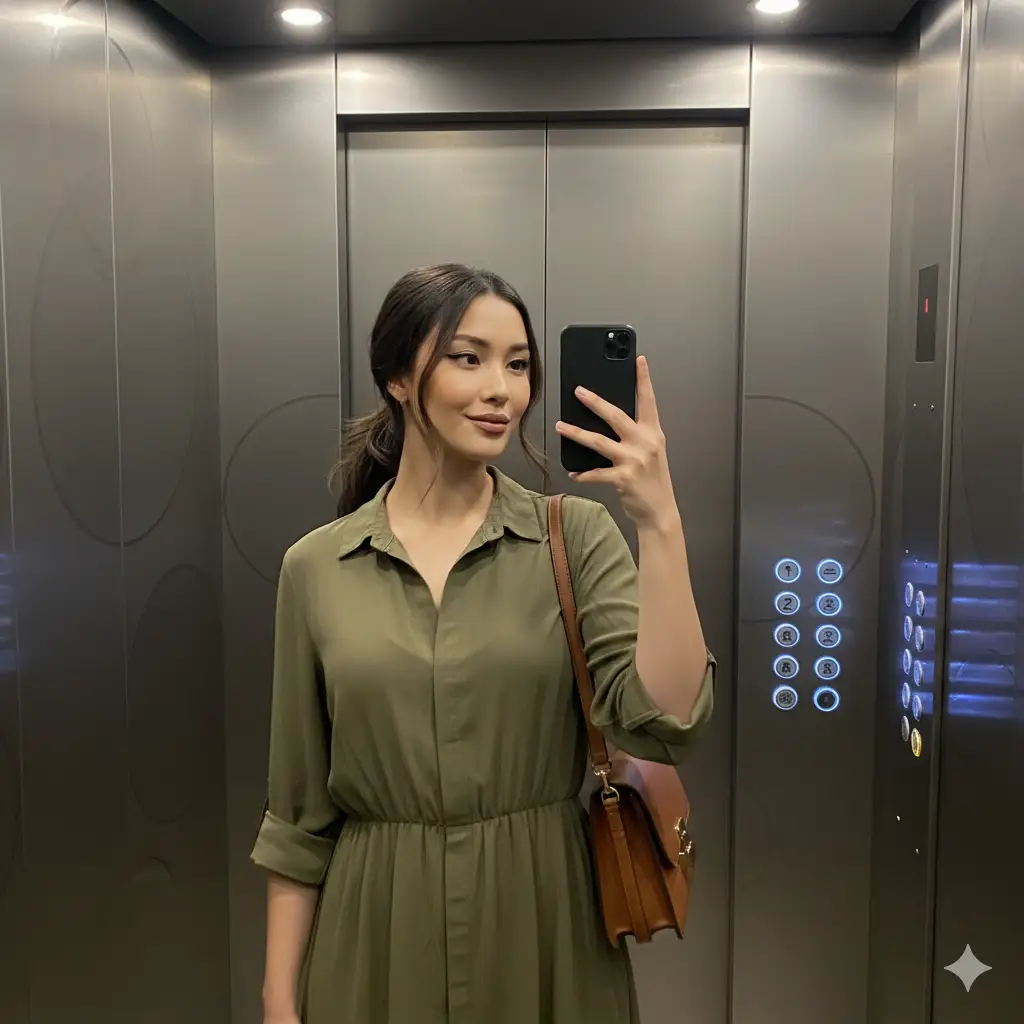 A woman taking a mirror selfie inside a modern elevator with metallic patterned walls and illuminated floor buttons. She wears a deep olive-green shirt dress with rolled-up sleeves. Her long dark hair is tied back in a loose ponytail, and her makeup is soft and natural with defined eyes and a muted lip color. She holds a black smartphone in one hand and has a brown leather shoulder bag with structured lines on her shoulder. The lighting in the elevator creates a balanced, realistic glow, highlighting her composed and confident expression.