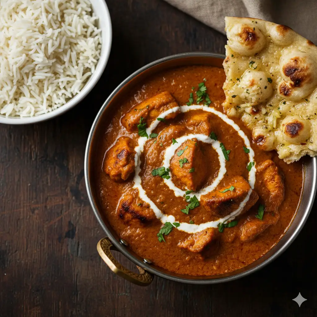 Create a rich and aromatic photo of a bowl of Indian Chicken Tikka Masala. The curry has a vibrant orange, creamy gravy, with tender chunks of chicken visible. It's garnished with a swirl of fresh cream and a sprinkle of finely chopped cilantro. The bowl is a traditional hammered copper karahi, placed next to a serving of fluffy basmati rice and a warm, slightly blistered piece of garlic naan bread. The lighting is moody and directional, highlighting the glossy texture of the sauce against a dark, rustic background. Top-down perspective, extremely detailed.