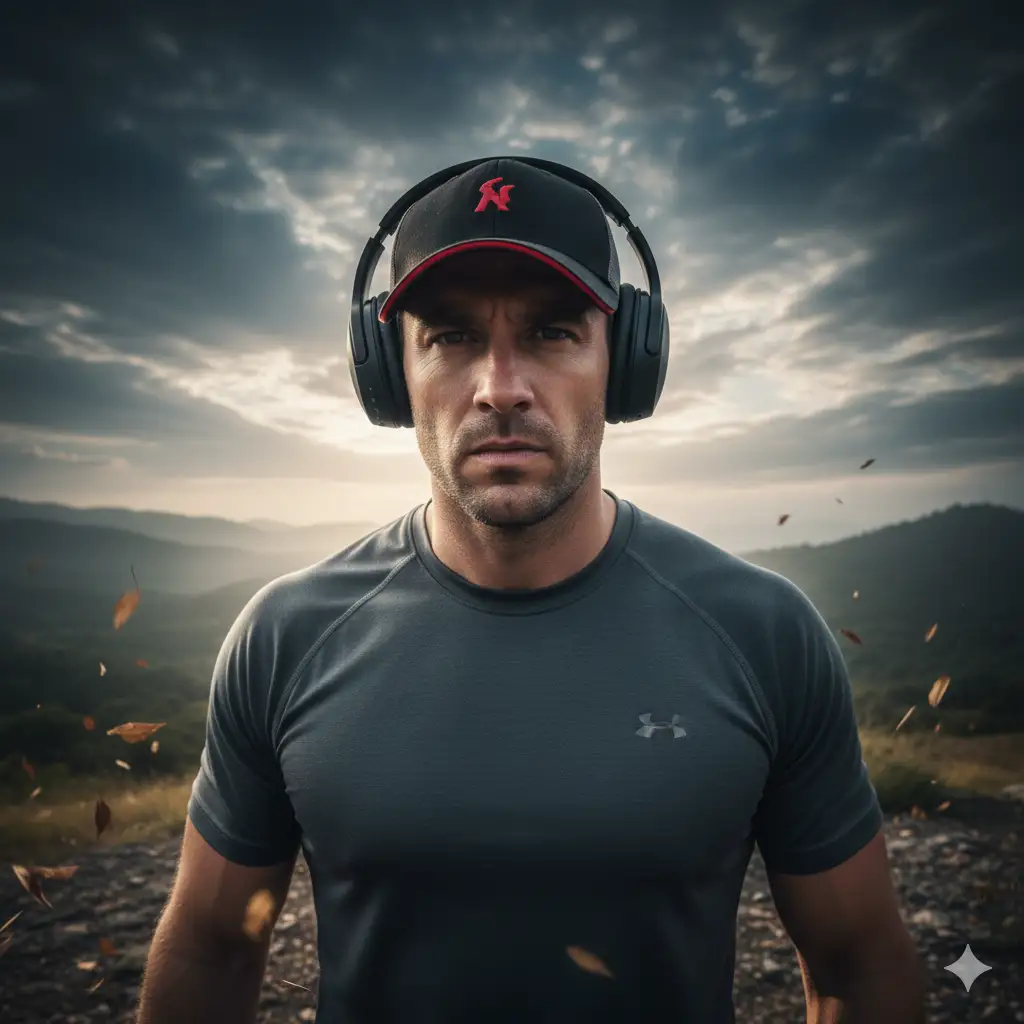 A dynamic, cinematic outdoor portrait photo of a man standing against a cloudy sky, exuding strength and focus. He wears a dark athletic shirt and a black baseball cap accented with red details. Over his ears are large, black wireless headphones, giving him a modern, tech-driven look. The lighting is dramatic, with soft sunlight breaking through the clouds, casting natural highlights across his face.