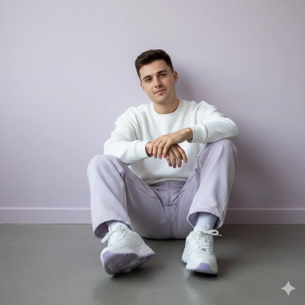 A relaxed and modern portrait photo of a young man sitting on the floor against a soft lavender-toned background. He wears a minimalistic outfit featuring a plain white oversized sweatshirt, light-washed baggy jeans with a subtle lilac tint, and chunky white sneakers with light purple accents. His casual pose, with one knee up and hands resting naturally, exudes calm confidence and a contemporary streetwear vibe. The lighting is soft and even, highlighting the pastel color palette and creating a clean, airy atmosphere.