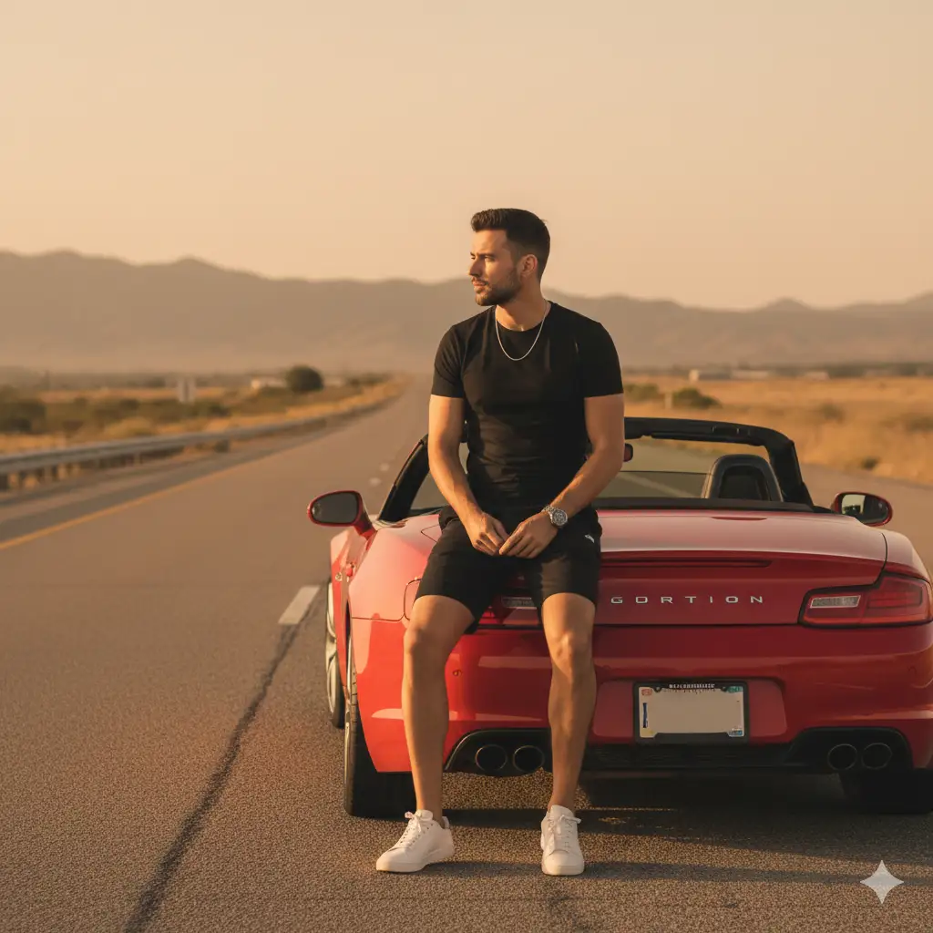 A stylish man sitting casually on the back of a sleek red convertible sports car parked on an open road during golden hour. He's dressed in a fitted black t-shirt, black shorts, and white sneakers, showing off a modern casual look. He wears a simple chain necklace and wristwatch. The warm sunset light casts a golden glow across the scene, highlighting the car's glossy finish and the man's thoughtful, confident expression as he looks into the distance. The background features a vast open road stretching toward soft mountain silhouettes, creating a cinematic sense of freedom and adventure.
