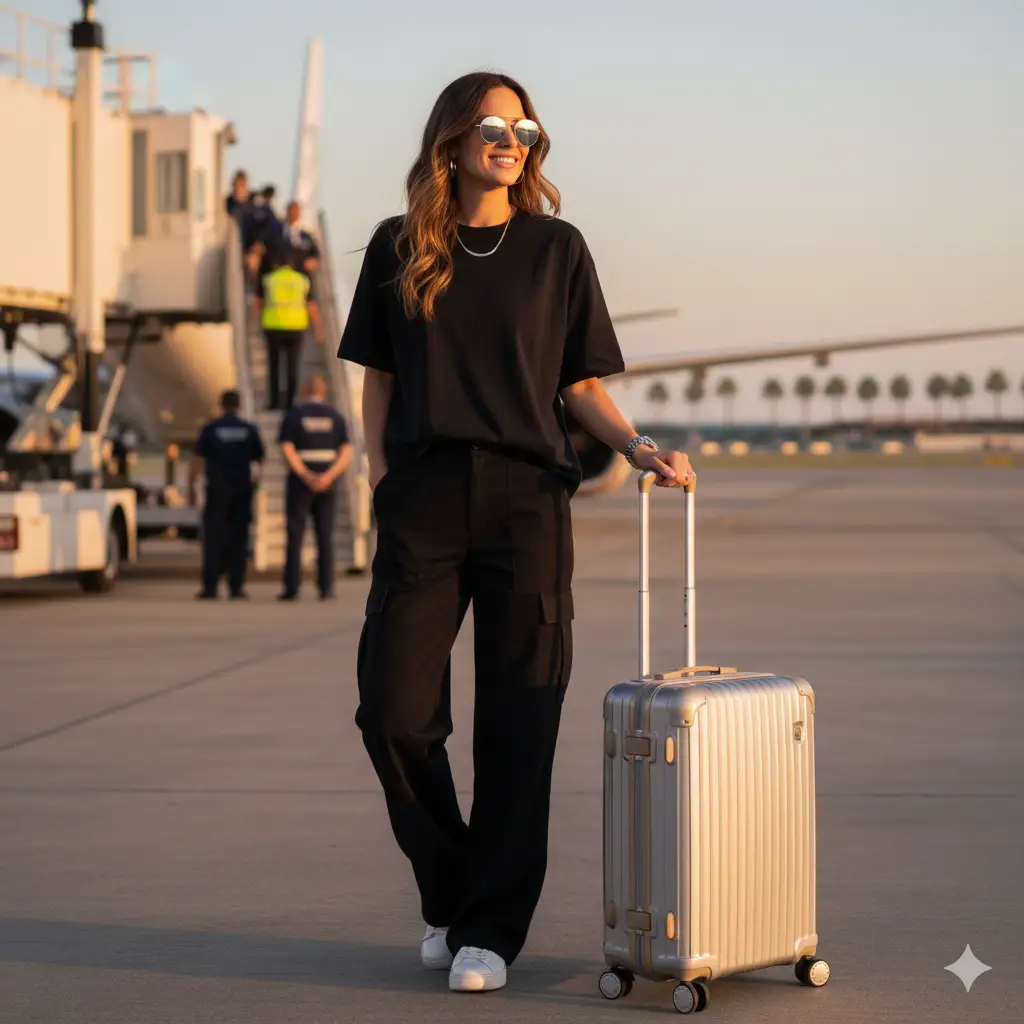 A cheerful woman stands confidently on an airport tarmac, ready to travel, exuding a modern and relaxed vibe. She wears a casual all-black outfit, an oversized black T-shirt tucked into black cargo pants, and white sneakers that add a clean, stylish contrast. She accessorizes with round sunglasses, minimal jewelry, and a silver wristwatch. Beside her stands a sleek metallic silver suitcase with gold accents, its handle extended as she lightly rests her hand on it. The background shows an airplane boarding ramp with a few passengers and crew visible, bathed in soft golden-hour sunlight that enhances the warm tones of the scene. Her long, wavy hair flows naturally, and her bright smile conveys excitement and a love of travel. The overall composition captures the essence of effortless travel style, confidence, and the joy of new beginnings.