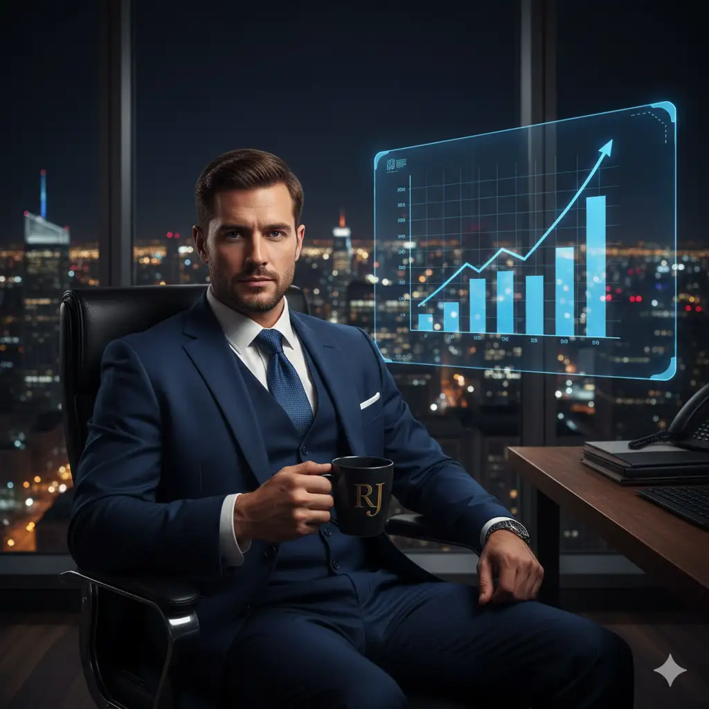 A sharp and confident businessman sitting in a modern office at night with a panoramic city skyline visible through large glass windows. He wears a tailored navy blue suit, white shirt, and tie, exuding authority and professionalism. Seated in a sleek black leather office chair, he holds a black coffee mug with a gold monogram, giving a composed and powerful expression. Behind him, a large digital screen displays a glowing blue revenue chart with a sharply rising trend line, symbolizing financial success and growth. The city lights outside sparkle against the night sky, creating a cinematic and refined contrast with the dim, focused lighting inside the office.
