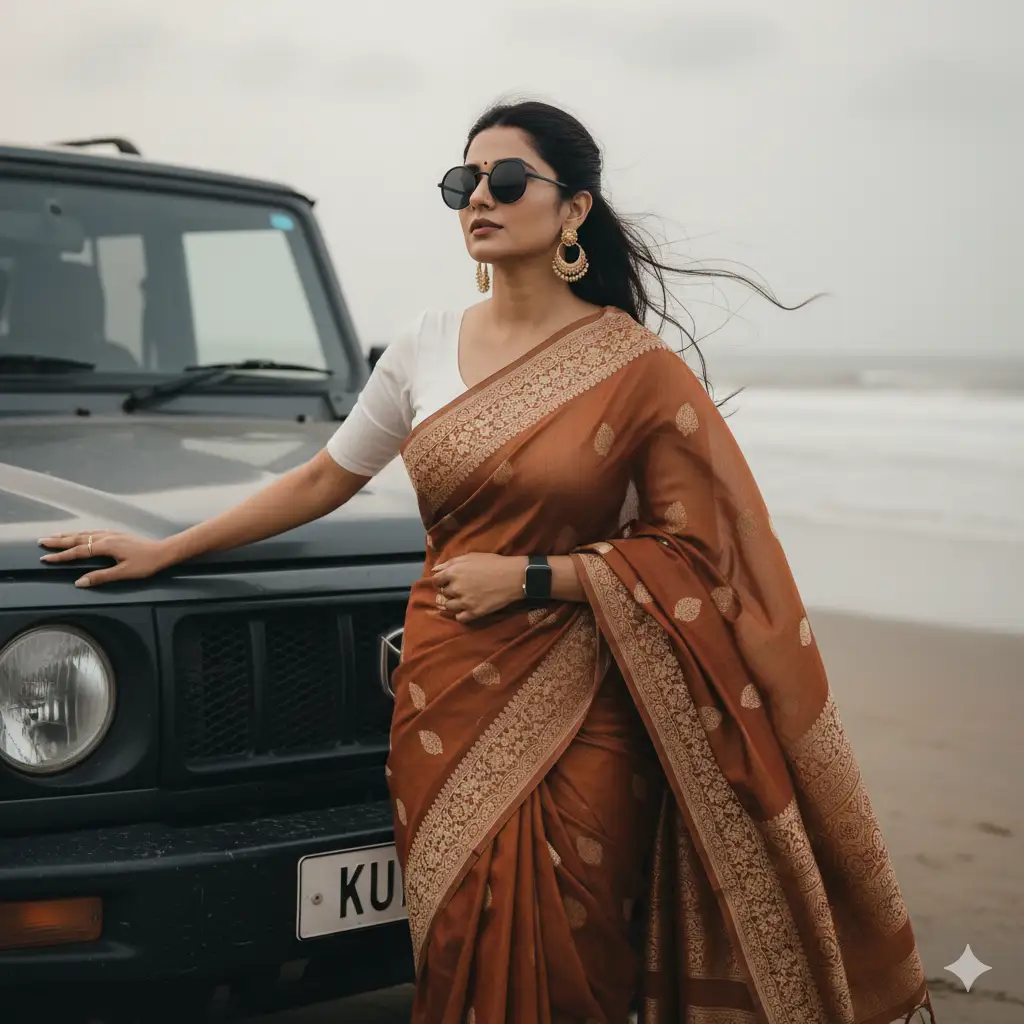 A woman stands gracefully on a beach beside a dark off-road SUV, her hand resting casually on the vehicle's hood. She wears a beautifully patterned rust-brown and beige saree with intricate traditional designs, paired with a simple white blouse. Her look is elegant yet effortless, with flowing hair moved gently by the coastal breeze, wearing stylish black sunglasses, and subtle jewelry including gold earrings. She also sports a modern smartwatch, blending tradition with contemporary style. The overcast sky and muted lighting create a soft, atmospheric scene with a tranquil, cinematic mood.