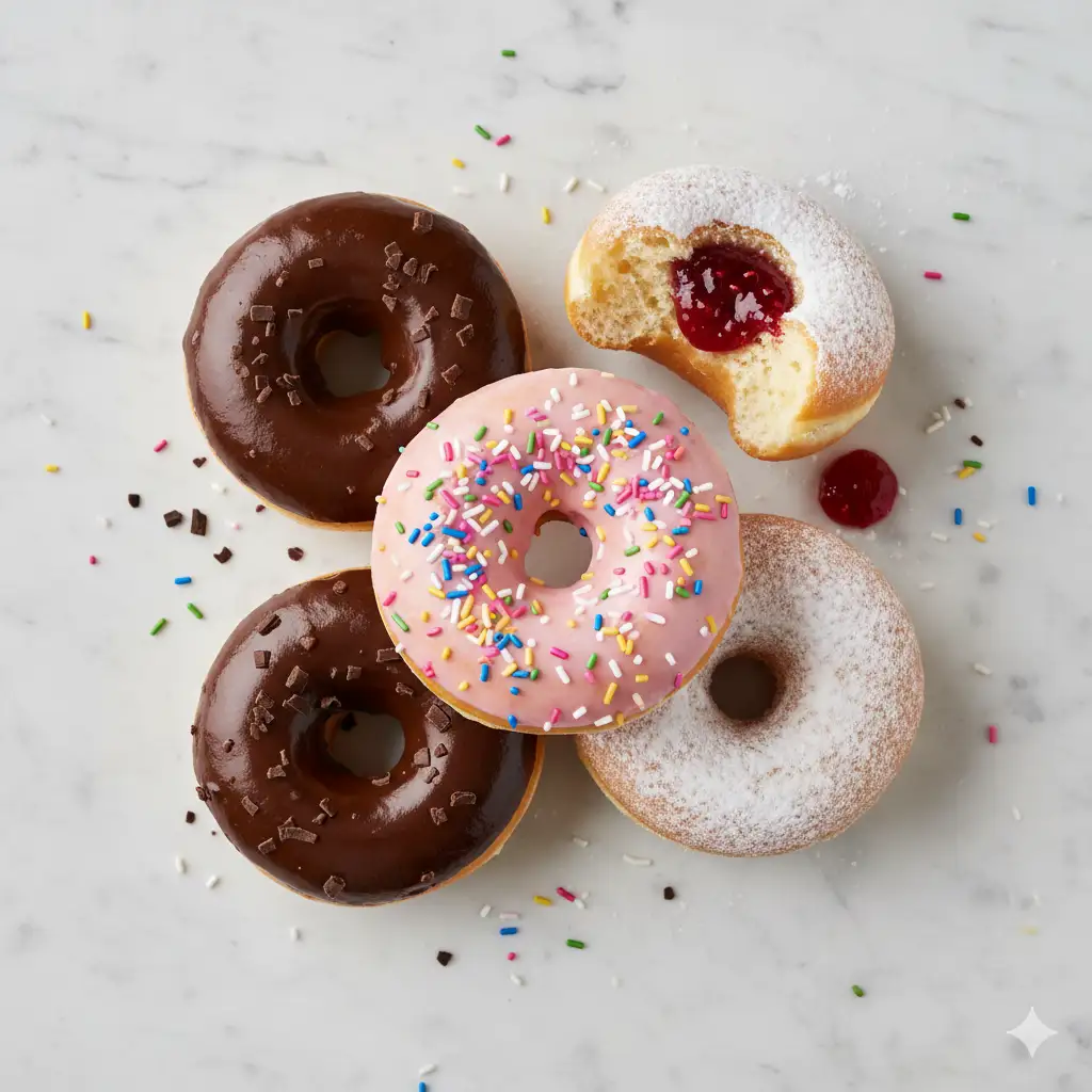 Create a cheerful and whimsical photo of an assortment of gourmet doughnuts. The doughnuts are arranged on a clean, light marble surface and include a classic pink strawberry frosted with rainbow sprinkles, a rich chocolate glazed, and a powdered doughnut with a bite taken out to reveal a jam filling. The lighting is bright, soft, and even, like a professionally lit studio, eliminating harsh shadows. Top-down, flat-lay composition, vibrant colors, pop-art feel, extremely detailed.