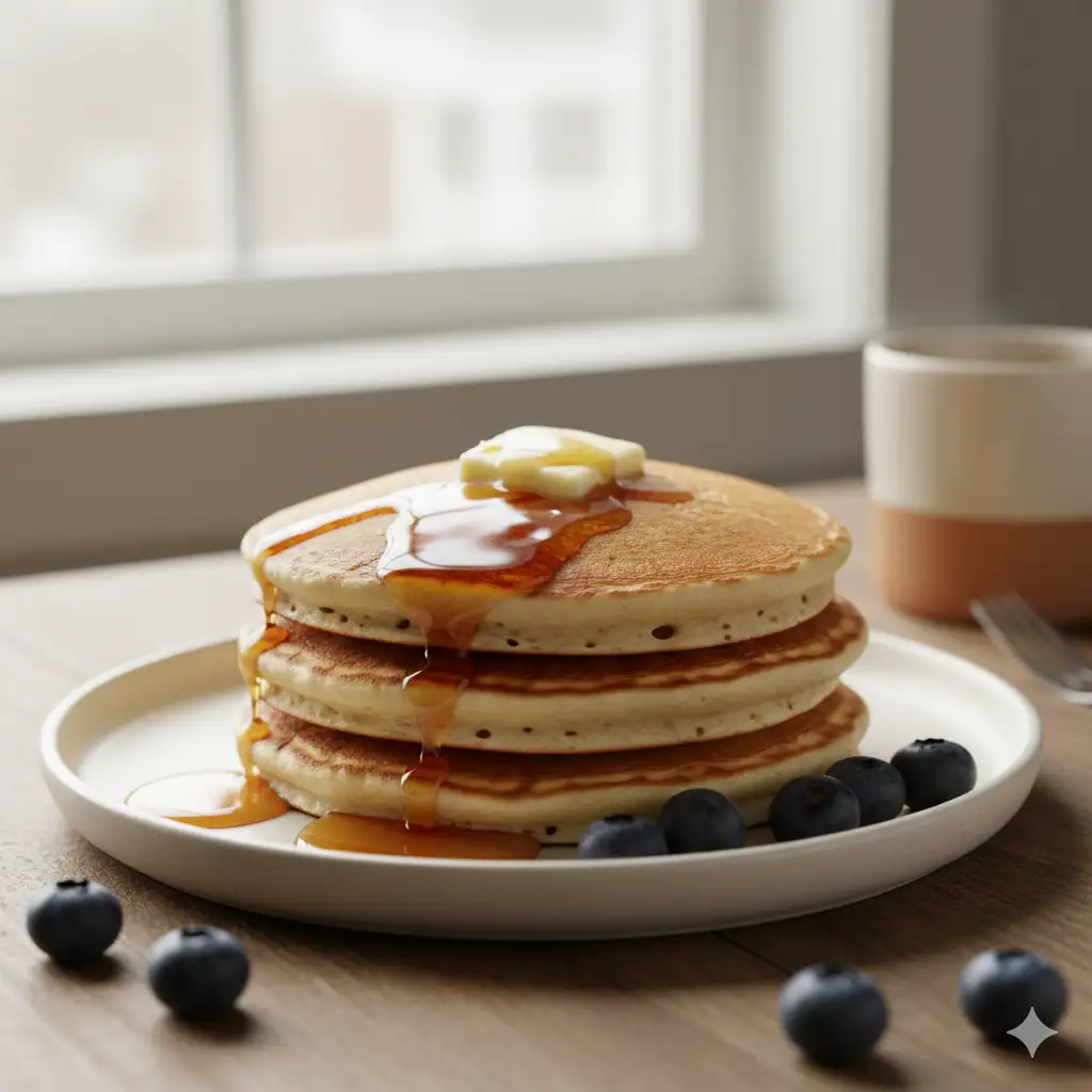 Create a cozy, morning-themed photograph of a tall stack of fluffy buttermilk pancakes. The stack of three pancakes sits on a minimalist ceramic plate. A perfect square of butter is melting on top, running down the sides and mixing with a generous drizzle of golden maple syrup that is dripping off the edges. A few fresh blueberries are scattered around the plate. The setting is a bright kitchen table next to a window, with soft morning light streaming in. The background shows a soft-focus view of a coffee mug. Eye-level shot, shallow depth of field, warm and inviting mood, photorealistic.