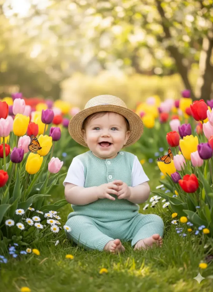 Create a photo of a baby boy sitting among blooming tulips and daisies in a bright spring garden. He wears a mint green romper with a white undershirt and a small straw hat. Butterflies flutter nearby as sunlight filters through soft greenery. Capture the freshness and joy of early spring with gentle pastel tones.