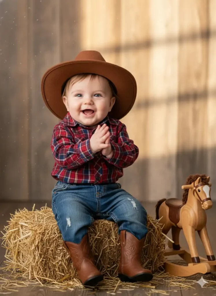 Create a photo of a baby boy dressed as a mini cowboy, wearing a plaid shirt, tiny denim jeans, and a brown cowboy hat. He's sitting on a small hay bale with a toy horse beside him. The background has rustic wooden textures and warm golden light for a country western vibe.