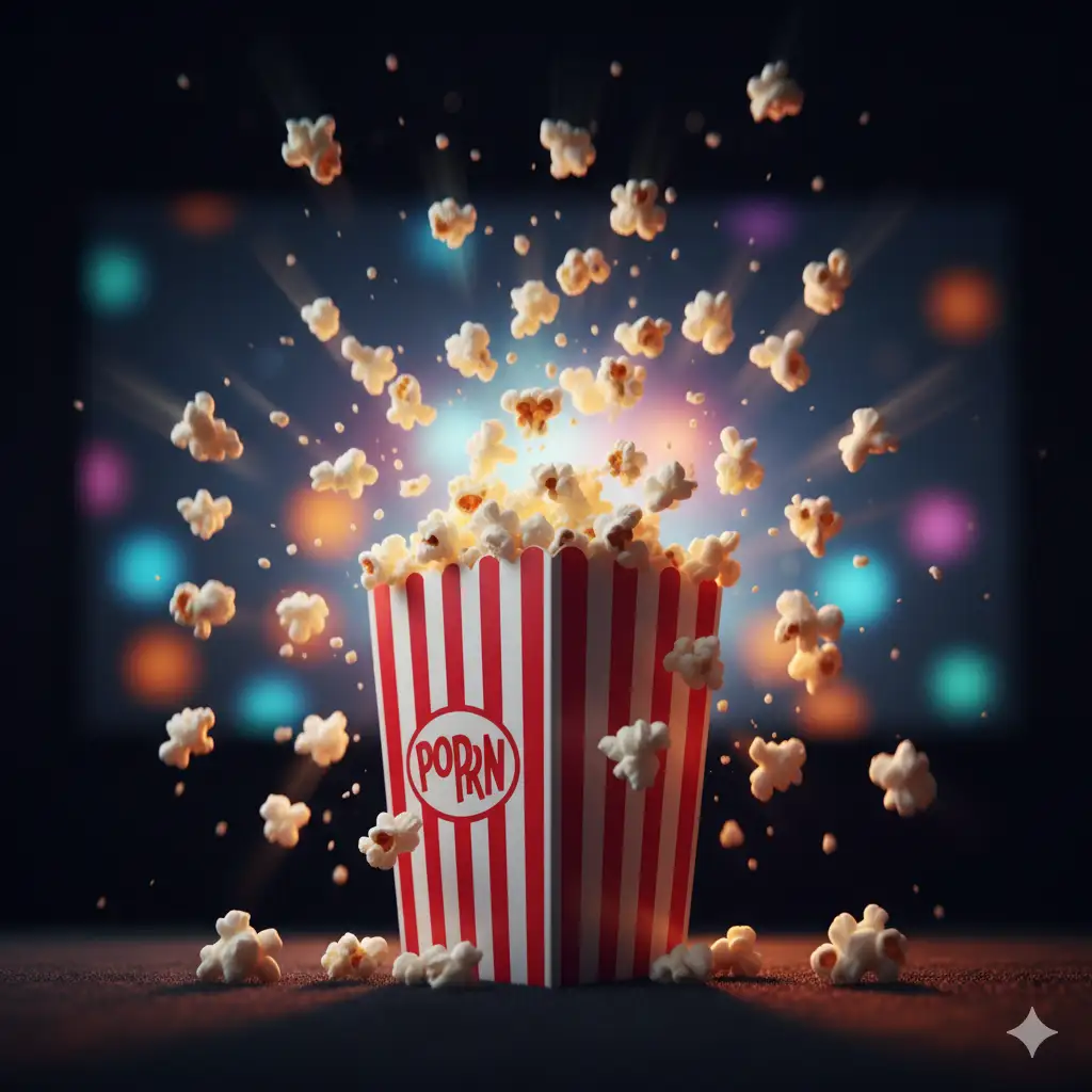 Create a cinematic and playful photograph themed around a movie night. A classic red-and-white striped popcorn box is overflowing with fluffy popcorn. Several pieces are captured mid-air, as if exploding from the box. The background is dark, with only the soft, colorful bokeh glow of a screen, suggesting a movie playing in the dark. The main light source is the glow from the screen, creating a dramatic, fun mood. Low-angle shot, dynamic motion.