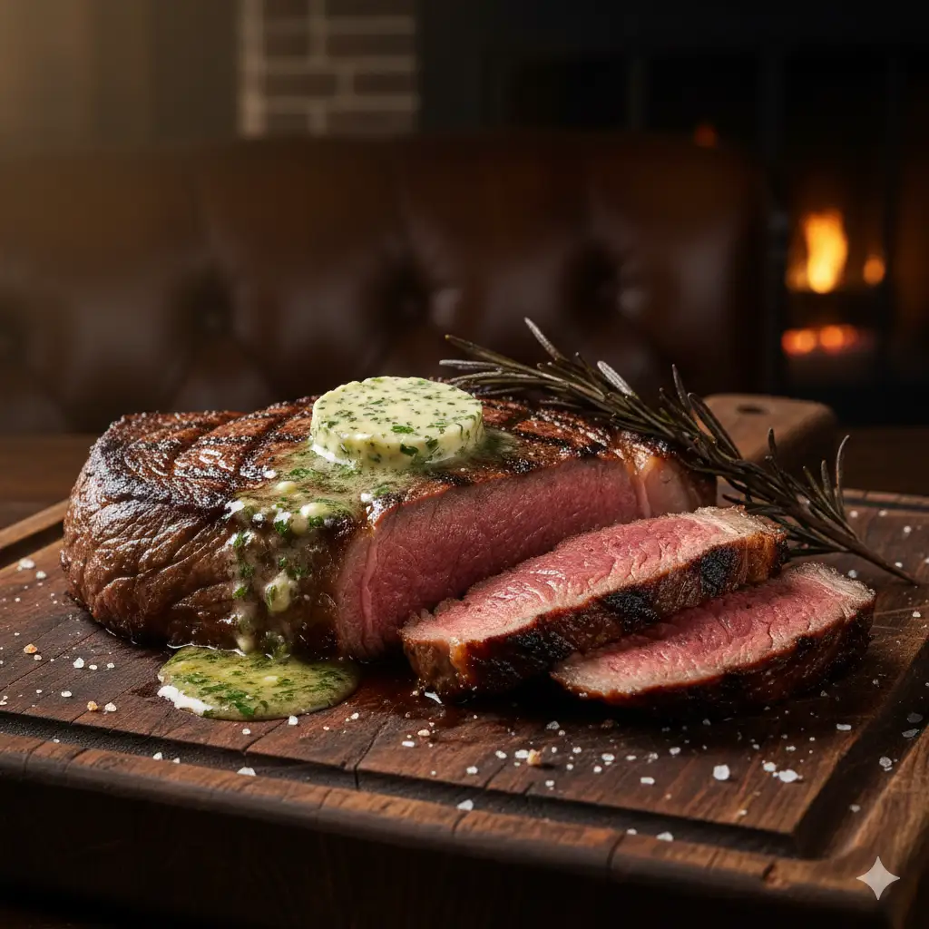 Create a dramatic, "chophouse" style photograph of a perfectly cooked thick-cut ribeye steak. The steak has a deep brown, seared crust with perfect cross-hatch grill marks, and has been sliced to reveal a juicy, medium-rare pink interior. A pat of herb butter is melting over the top, and a sprig of charred rosemary rests against it. The steak is on a dark, rustic wooden cutting board, with coarse sea salt sprinkled around. The lighting is dark and moody, with a single warm light source from the side, making the juices glisten. Low-angle shot, cinematic, hyperrealistic texture.