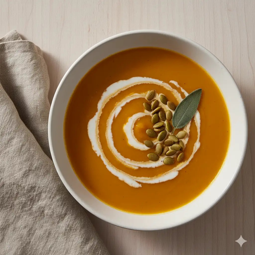Create an elegant, autumnal photograph of a velvety butternut squash soup. The soup is a brilliant, deep orange, served in a wide, minimalist white ceramic bowl. It is artfully garnished with a delicate swirl of coconut cream, a sprinkle of toasted pumpkin seeds (pepitas), and a single sage leaf. The background is a clean, light-colored surface with a rustic linen napkin nearby. The lighting is soft and diffused, coming from the side to create gentle shadows and highlight the toppings. Top-down flat lay, and clean aesthetic.