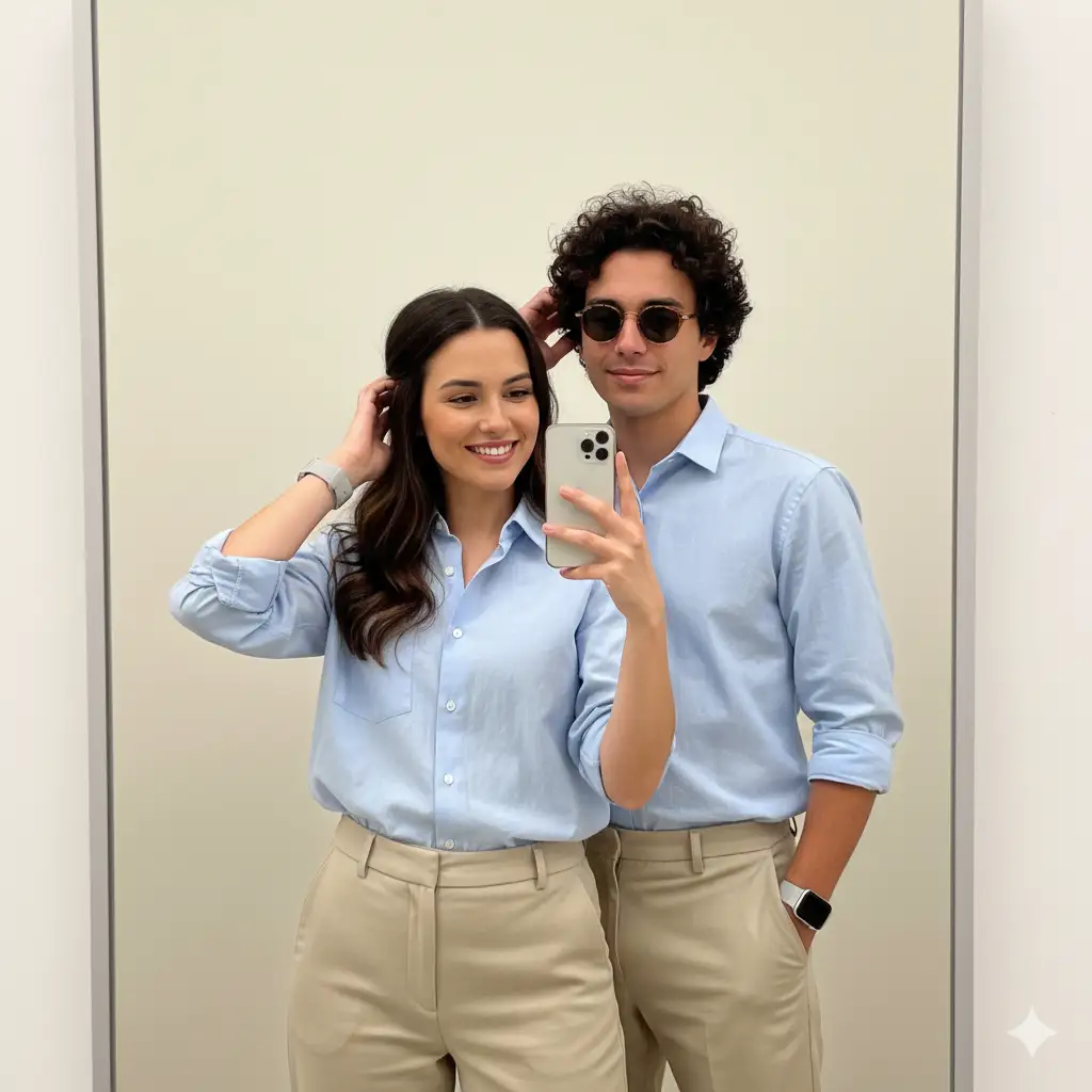 A stylish young couple taking a mirror selfie together against a plain light background. Both are dressed in coordinated outfits, light blue button-up shirts with rolled-up sleeves and beige or cream trousers, giving a minimalist and effortlessly chic vibe. The woman has long, softly wavy dark hair and a natural smile, holding the phone in one hand while lightly touching her hair with the other. The man stands slightly behind her, with curly dark hair, wearing round sunglasses and an easygoing expression as he touches his hair. Both wear smartwatches, adding a modern, casual touch. The composition is balanced and bright, evoking a clean, contemporary aesthetic.