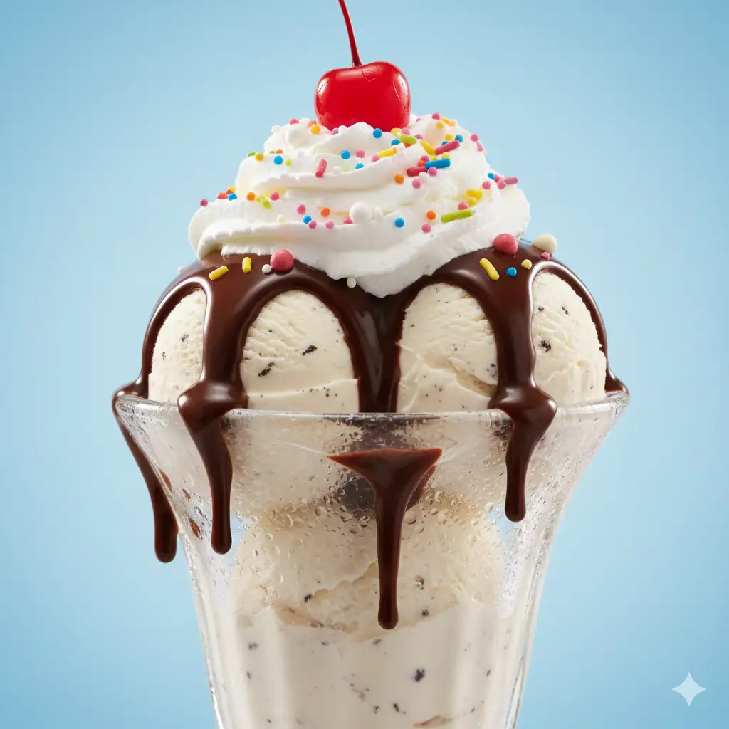 Create a macro shot of a decadent ice cream sundae in a classic tall glass. Two scoops of creamy vanilla bean ice cream are topped with a thick, glossy, dark chocolate fudge sauce that is dripping down the sides of the glass. The sundae is finished with a swirl of whipped cream, colorful sprinkles, and a single bright red maraschino cherry on top. The lighting is bright and clean studio lighting, emphasizing the cold condensation on the glass and the rich textures. The background is a solid, cheerful pastel blue. Sharp focus on the dripping sauce, photorealistic, commercial quality.