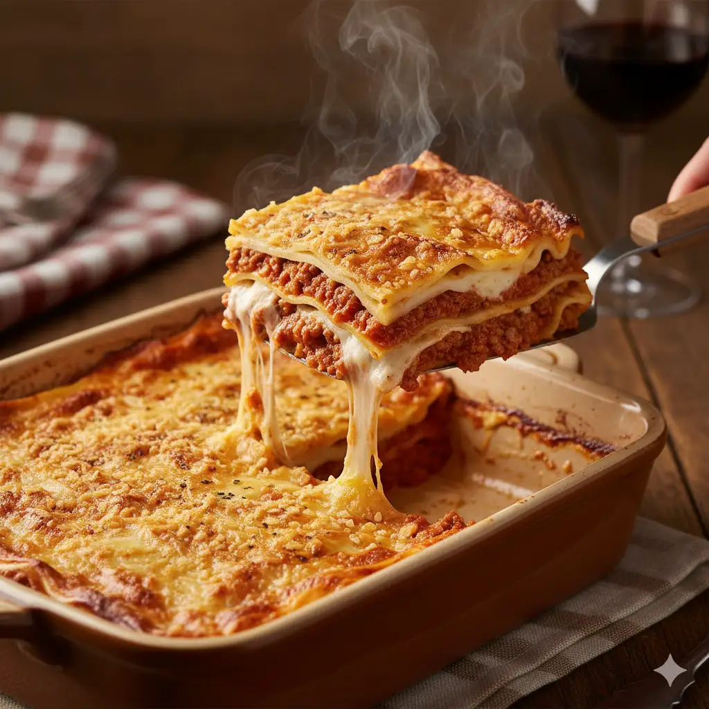 Create a warm and comforting photograph of a classic Italian lasagna, fresh from the oven. A perfect, square slice is being lifted from a rustic ceramic baking dish with a metal spatula, revealing the distinct layers of pasta, rich bolognese sauce, creamy béchamel, and stringy, melted mozzarella cheese creating an epic "cheese pull." Steam is gently rising from the empty space. The lighting is warm and inviting, like a cozy family kitchen in the evening. Shot at a 45-degree angle to perfectly showcase the layers and cheese pull, photorealistic, 8K.