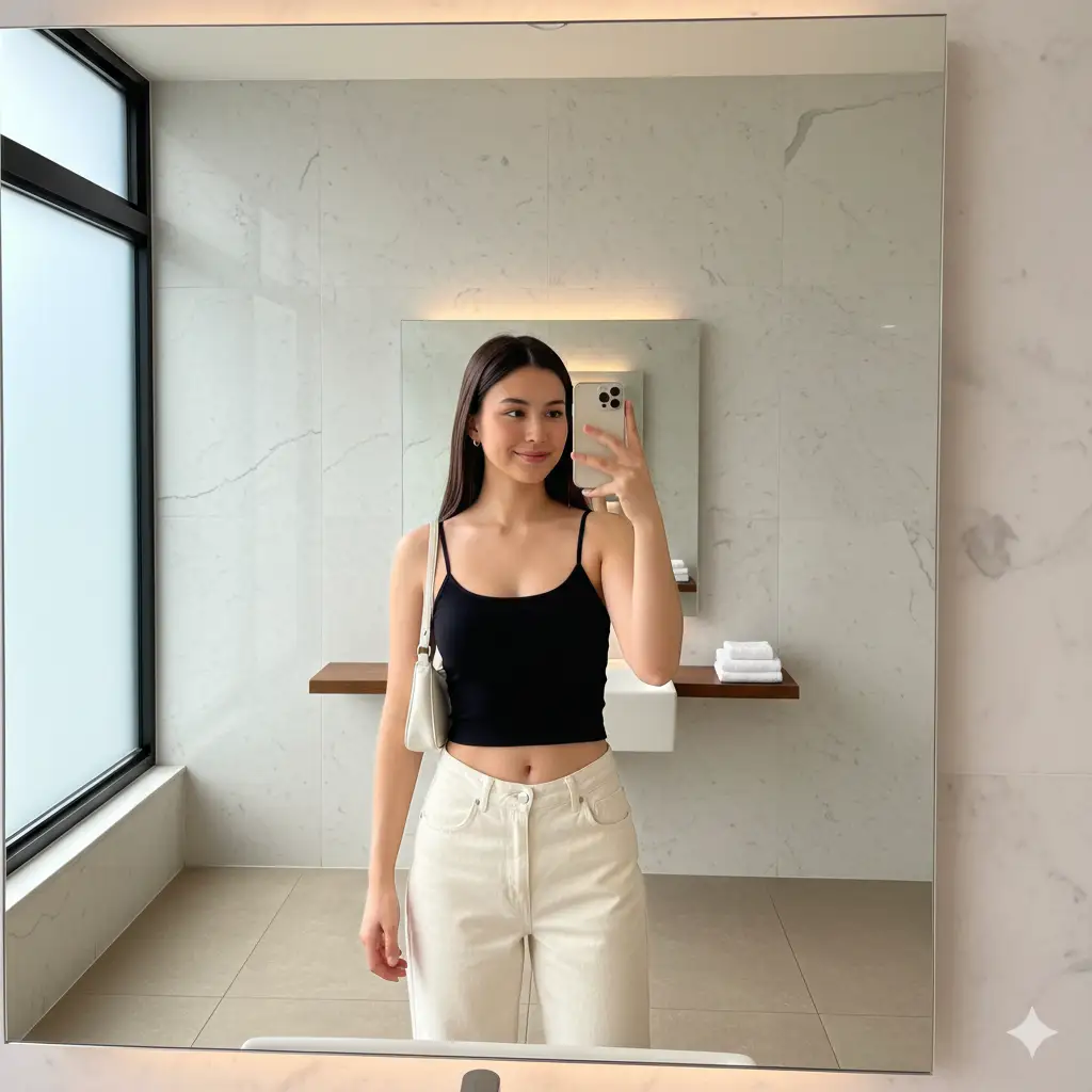 A young woman taking a mirror selfie in a bright, modern restroom with light marble walls and neutral tones. She's wearing a fitted black spaghetti-strap crop top paired with high-waisted cream or white jeans. A small white shoulder bag rests on her arm, adding a minimalist yet chic touch to her look. She's smiling softly with a relaxed, confident expression. The lighting is clean and even, enhancing the bright and airy feel of the space.