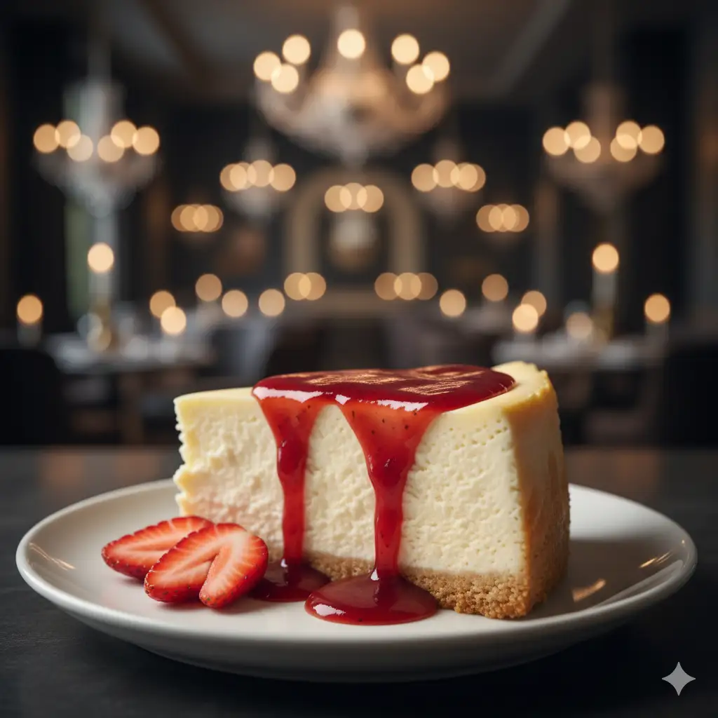 Create a photograph of a decadent slice of New York cheesecake on a small dessert plate. The cheesecake has a thick, creamy texture with a golden-brown graham cracker crust. A shiny, sweet strawberry coulis is generously drizzled over the top and drips down the side onto the plate, where a few fresh, sliced strawberries are placed as garnish. The background is a dark, elegant restaurant setting with soft bokeh lights. The lighting is a soft spotlight on the cake, emphasizing its creamy texture and the glossy sauce. Close-up, shallow depth of field, indulgent and luxurious feel.