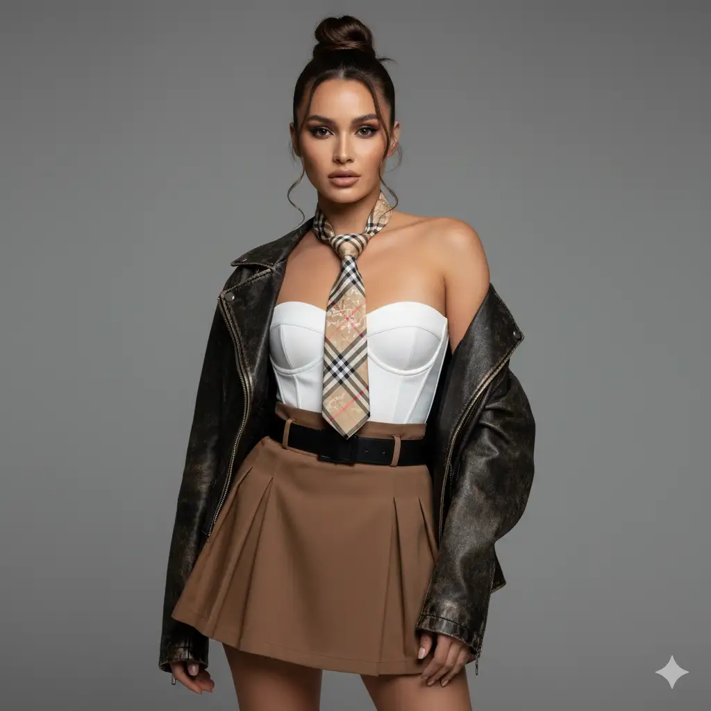 A fashionable woman poses confidently against a neutral gray studio background. She wears a chic, modern outfit consisting of a strapless white bustier top, a beige plaid necktie with a designer-inspired pattern, and a high-waisted brown pleated mini skirt secured with a black belt. Draped casually over her shoulders is a black leather jacket, adding an edgy contrast to the elegant top and skirt. Her hair is styled in a neat, high bun with a few loose strands framing her face, and her makeup is polished. The lighting is soft and even, highlighting her outfit's textures and confident styling. The overall mood is editorial and suitable for a high-fashion magazine photoshoot.