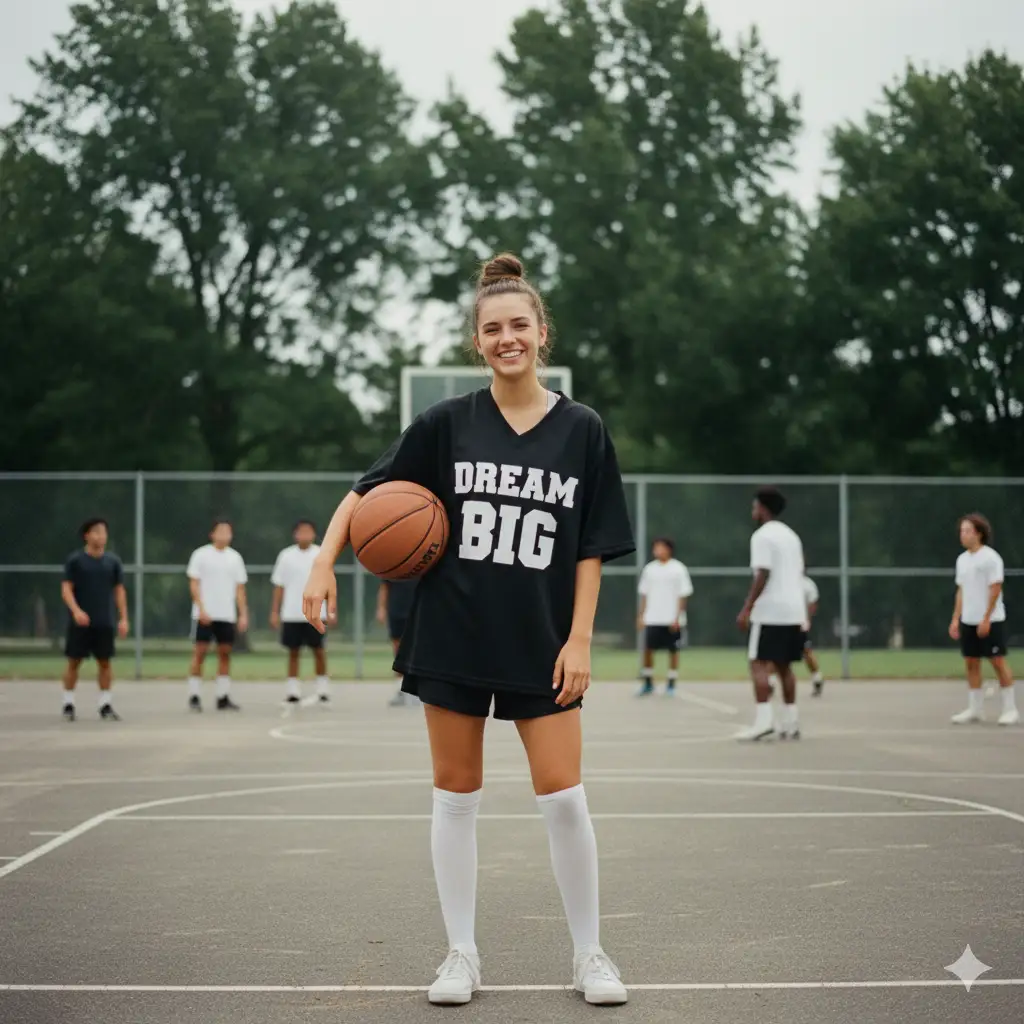 A cheerful young woman posing confidently on an outdoor basketball court, holding a basketball in one hand. She's wearing a loose black athletic jersey with white lettering, matching black shorts, and long white socks, completing a sporty and casual look. Her hair is tied up in a neat bun, and she's smiling brightly at the camera, radiating energy and confidence. Behind her, several players are engaged in a casual game, slightly blurred to emphasize motion and depth. The court is surrounded by trees and fencing under an overcast sky, giving the scene a natural, everyday atmosphere with a hint of cinematic realism.
