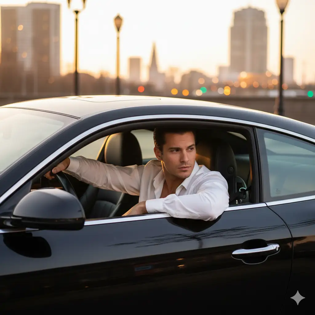A stylish man sits confidently in the driver's seat of a sleek black luxury car, looking out the open window with a composed and thoughtful expression. He wears a partially unbuttoned white satin shirt that catches the warm golden-hour light. The lighting is natural and cinematic, with soft sunlight highlighting the textures of his shirt and the car's polished metallic surface. The background shows an urban setting with hints of street structures and soft blur, keeping the focus on the subject.