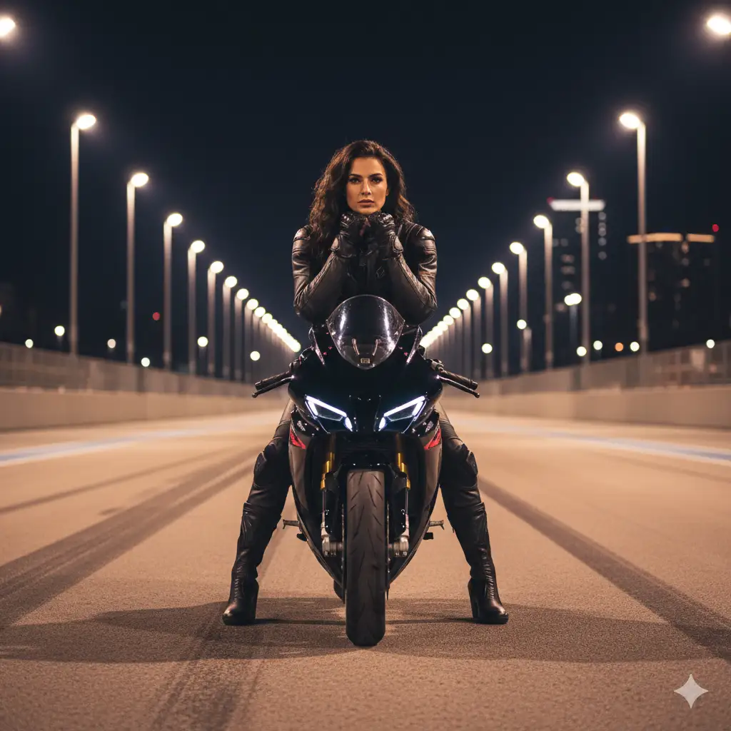 A powerful and cinematic night portrait photo of a woman confidently sitting on a sleek black sport motorcycle in the middle of a racetrack. She wears a fitted black leather outfit and black boots, exuding strength and elegance. Her hair flows freely over her shoulders, contrasting sharply with the dark tones of her outfit and bike. She leans slightly forward, resting her chin on her hands, gazing intensely at the camera. The racetrack is illuminated by a row of bright overhead lights stretching into the distance.