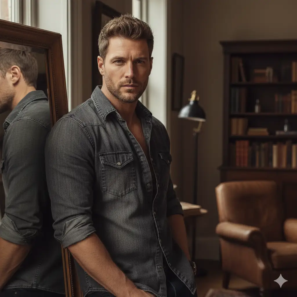 A ruggedly handsome man poses indoors, leaning against a large framed mirror that reflects his profile. He has a confident yet thoughtful expression, gazing directly at the camera with intensity. His short, textured hair is styled casually, and a light stubble defines his jawline. He wears a slightly unbuttoned charcoal-gray denim shirt with rolled-up sleeves, adding to a relaxed yet masculine look. The lighting is soft and diffused, creating natural shadows that highlight the texture of his shirt and the contours of his face. The overall atmosphere is intimate, moody, and cinematic, perfect for a high-end editorial portrait emphasizing confidence and understated charm.