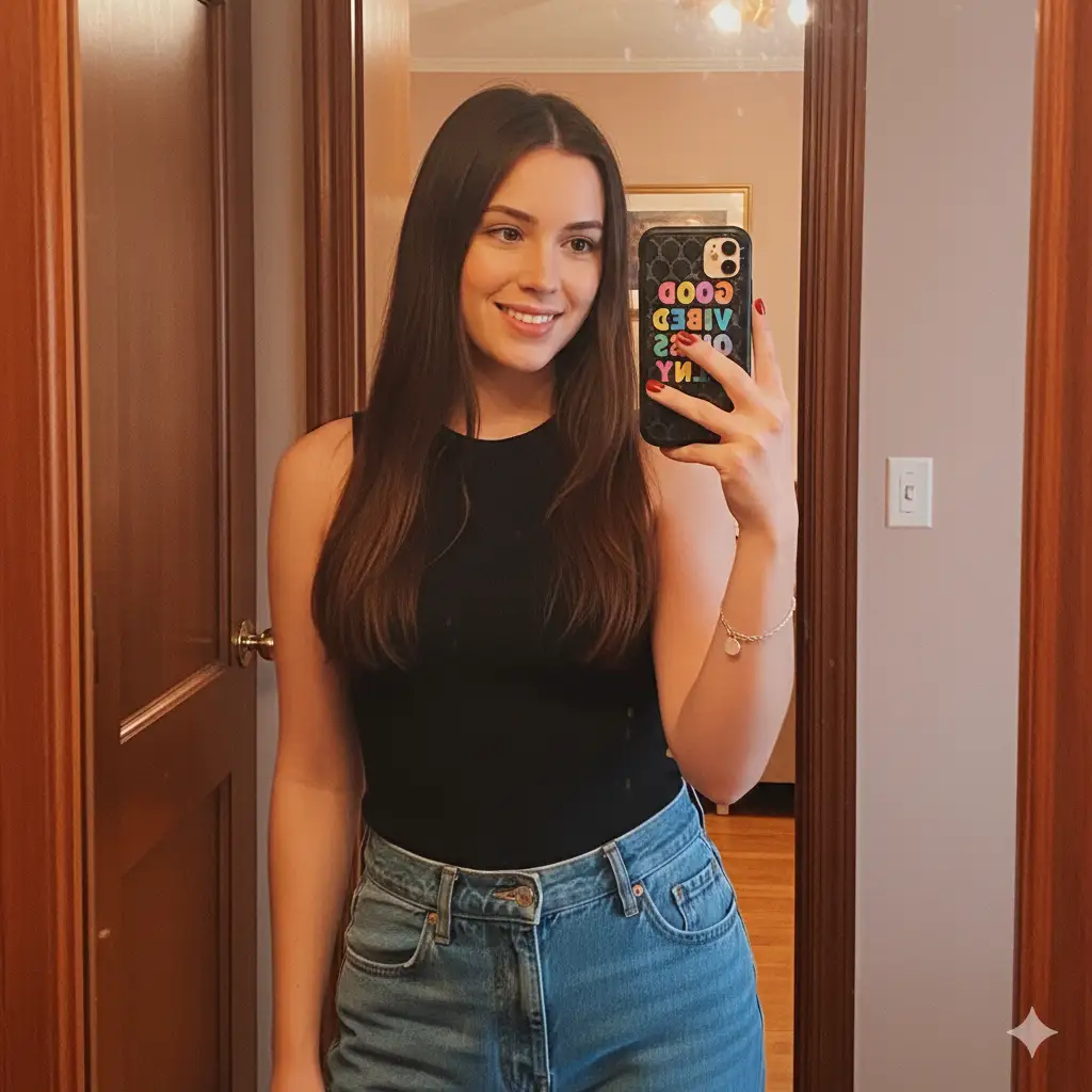 A young woman taking a mirror selfie in a warmly lit room with wooden door frames and muted wall colors. She has long, straight hair parted in the middle, cascading over her shoulders. She wears a sleeveless black top tucked into high-waisted blue jeans with a subtle textured finish. Her nails are painted a deep red, and she wears a thin silver bracelet on one wrist. She holds a smartphone with a dark case featuring colorful, playful text in a bold font. Her expression is relaxed and friendly, with a natural smile and soft, flattering lighting that enhances her features.