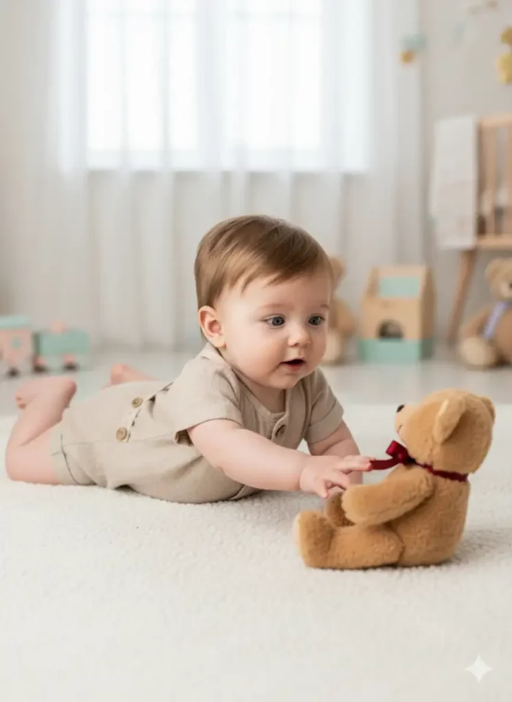 Create a full-body photo of a baby boy lying on a fluffy cream rug, wearing a beige linen onesie with rolled sleeves and tiny suspenders. The baby looks curious and is reaching out toward a small teddy bear beside him. Use natural window light for a soft, glowing effect, with a cozy home nursery backdrop.
