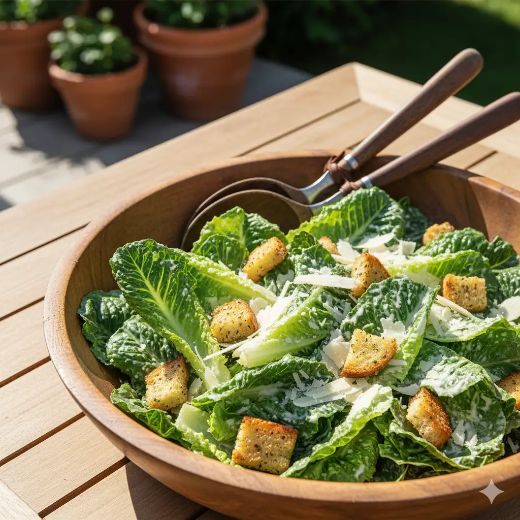 Create a vibrant and refreshing photograph of a classic Caesar salad in a large wooden bowl. The salad is made with crisp, whole romaine lettuce leaves, which are lightly coated in a creamy dressing. It's tossed with large, crunchy garlic croutons and generous shavings of aged Parmesan cheese. A vintage-style wooden salad server is resting in the bowl. The background is a bright, sun-drenched patio table. The lighting is bright, natural sunlight that makes the lettuce leaves glisten. 45-degree angle, sharp focus, embodies freshness.