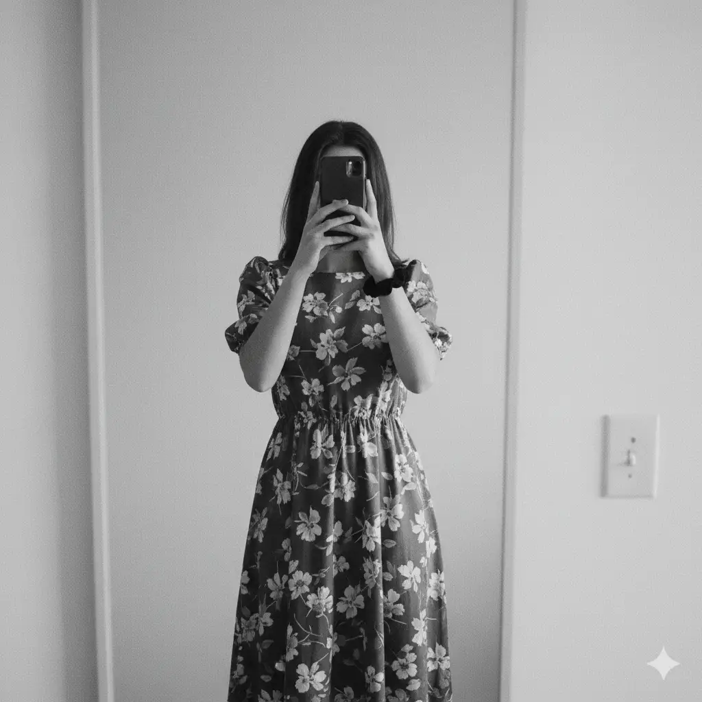 A monochrome photograph of a person taking a mirror selfie in a minimal indoor setting. The individual's face is obscured by a smartphone held up with both hands, giving the scene an air of mystery and introspection. They wear a floral-patterned dress with puffed sleeves and a fitted waist, featuring light flower motifs against a darker base. A black scrunchie is visible on one wrist. The background is plain, with a light switch and outlet visible on the wall, emphasizing the simplicity of the environment. The image has a soft, grainy black-and-white texture that evokes a nostalgic, film-like aesthetic.