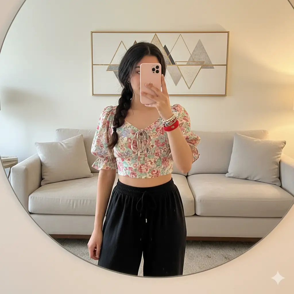 A young woman taking a mirror selfie in a softly lit, modern living room. She's wearing a floral crop top with a pastel color palette, shades of pink, green, lavender, and cream, featuring ruffled sleeves and a small tie detail at the neckline. Her dark hair is styled in a loose braid over one shoulder. She pairs the top with relaxed black drawstring pants, creating a balanced look of casual and feminine. Her accessories include colorful beaded bracelets, a red wristband, and a pink phone case with a mirror reflection capturing her upper body. Behind her, a neutral-toned couch and a minimalist geometric wall art piece add to the cozy, contemporary setting.
