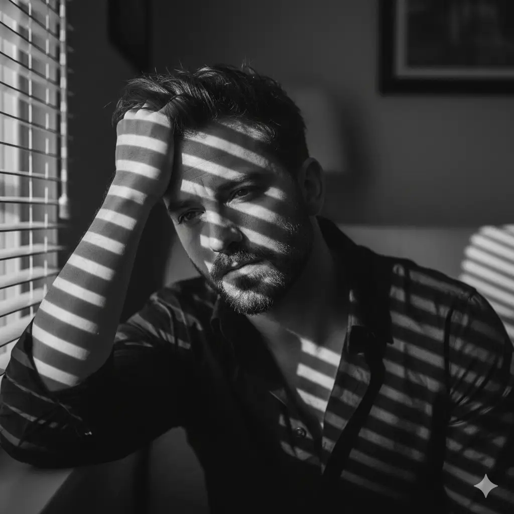 A moody black-and-white portrait photo of a man sitting near a window with horizontal blinds, through which sunlight filters dramatically across his face and body. The man has a thoughtful, introspective expression, resting one arm casually on his head. His slightly tousled hair and well-groomed beard are softly highlighted by the stripes of light and shadow that create a cinematic contrast across the frame. He wears a dark button-up shirt, blending subtly with the shadowed background. The atmosphere feels intimate and contemplative, evoking quiet emotion and artistic solitude.
